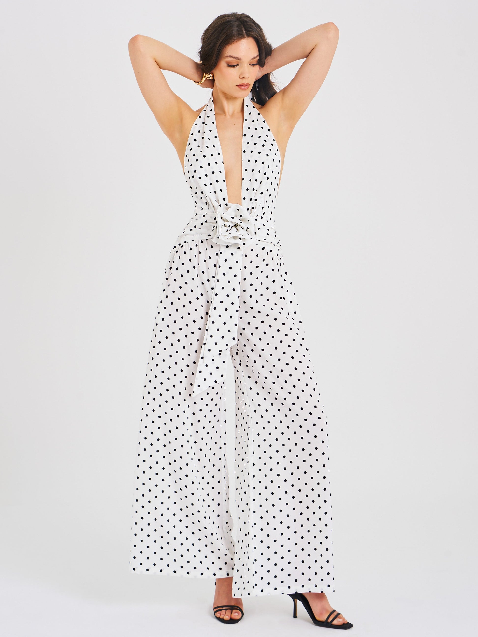Oriana White Polka Dots Halter Jumpsuit - HOUSE OF SHE