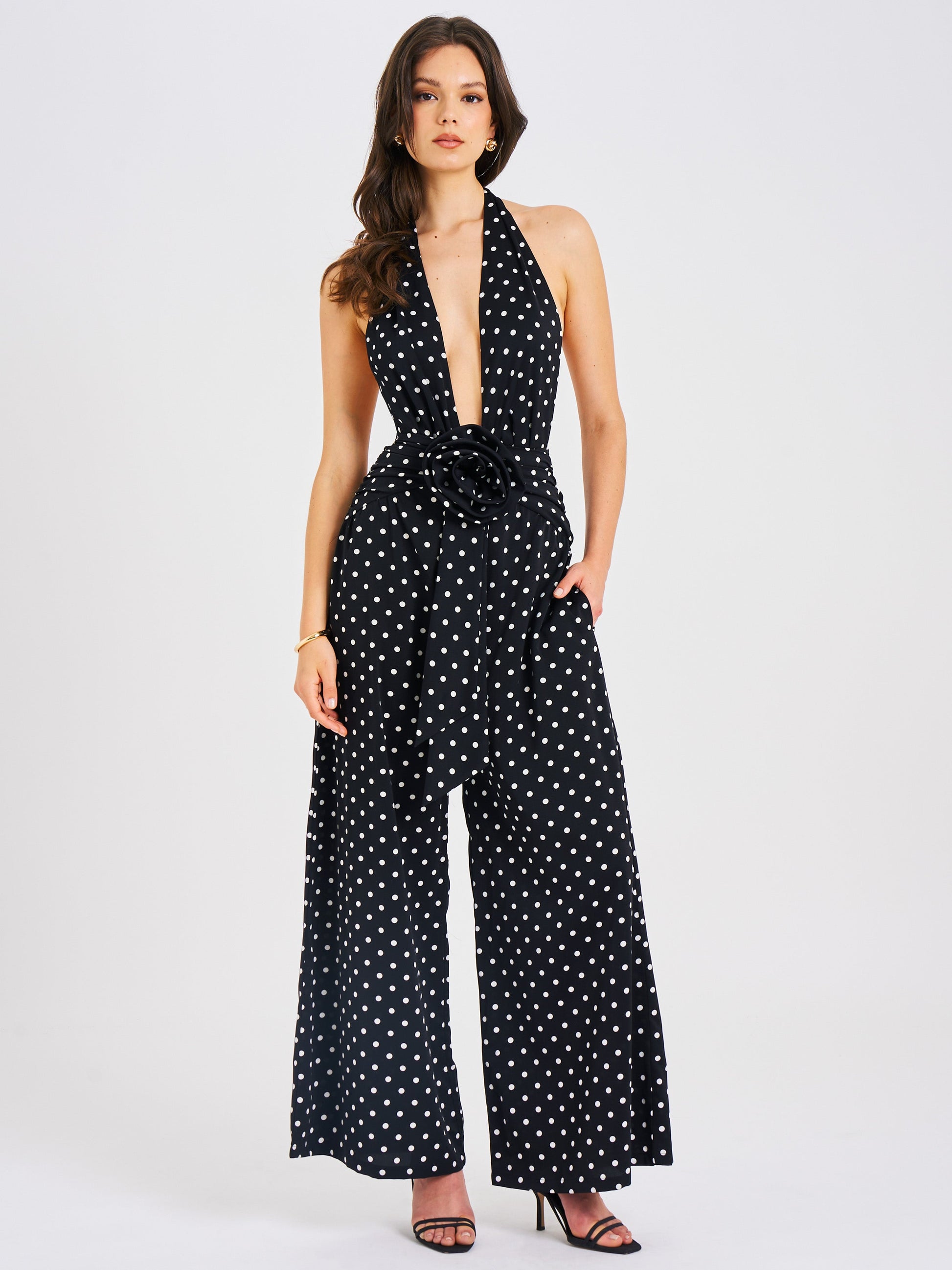 Oriana Black Polka Dots Halter Jumpsuit - HOUSE OF SHE