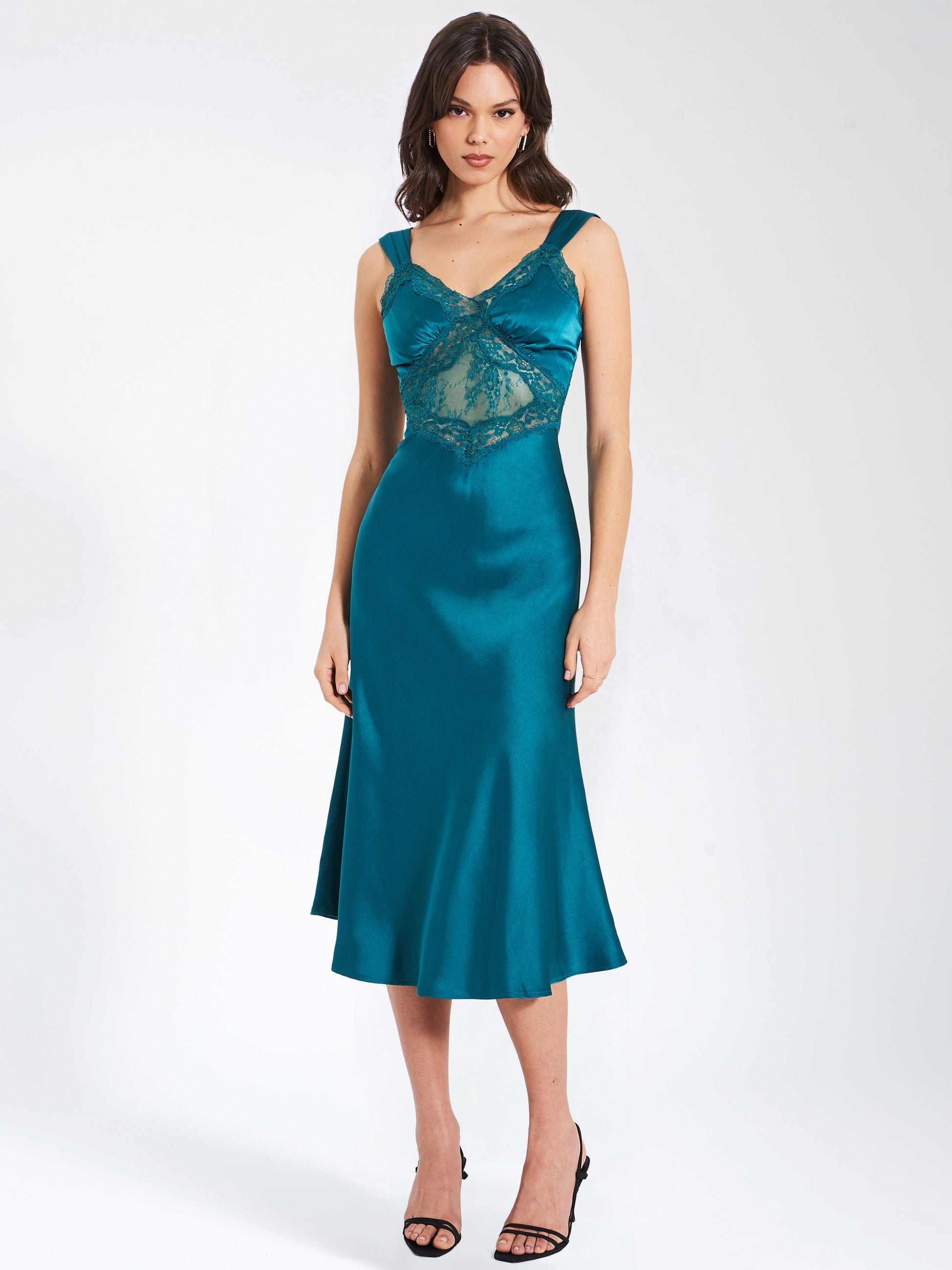 Perley Teal Satin and Lace Midi Dress  HOUSE OF SHE