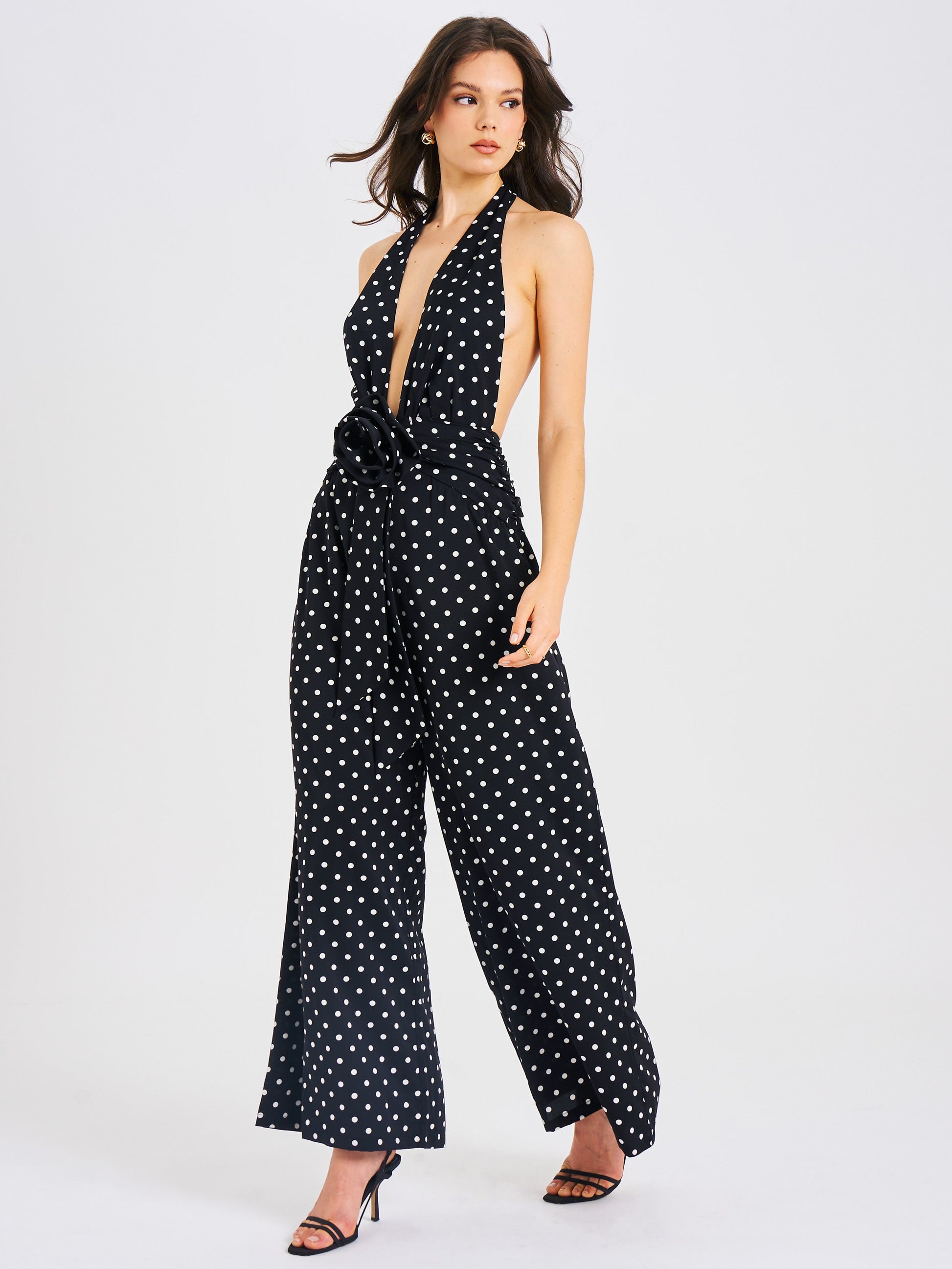 Oriana Black Polka Dots Halter Jumpsuit - HOUSE OF SHE