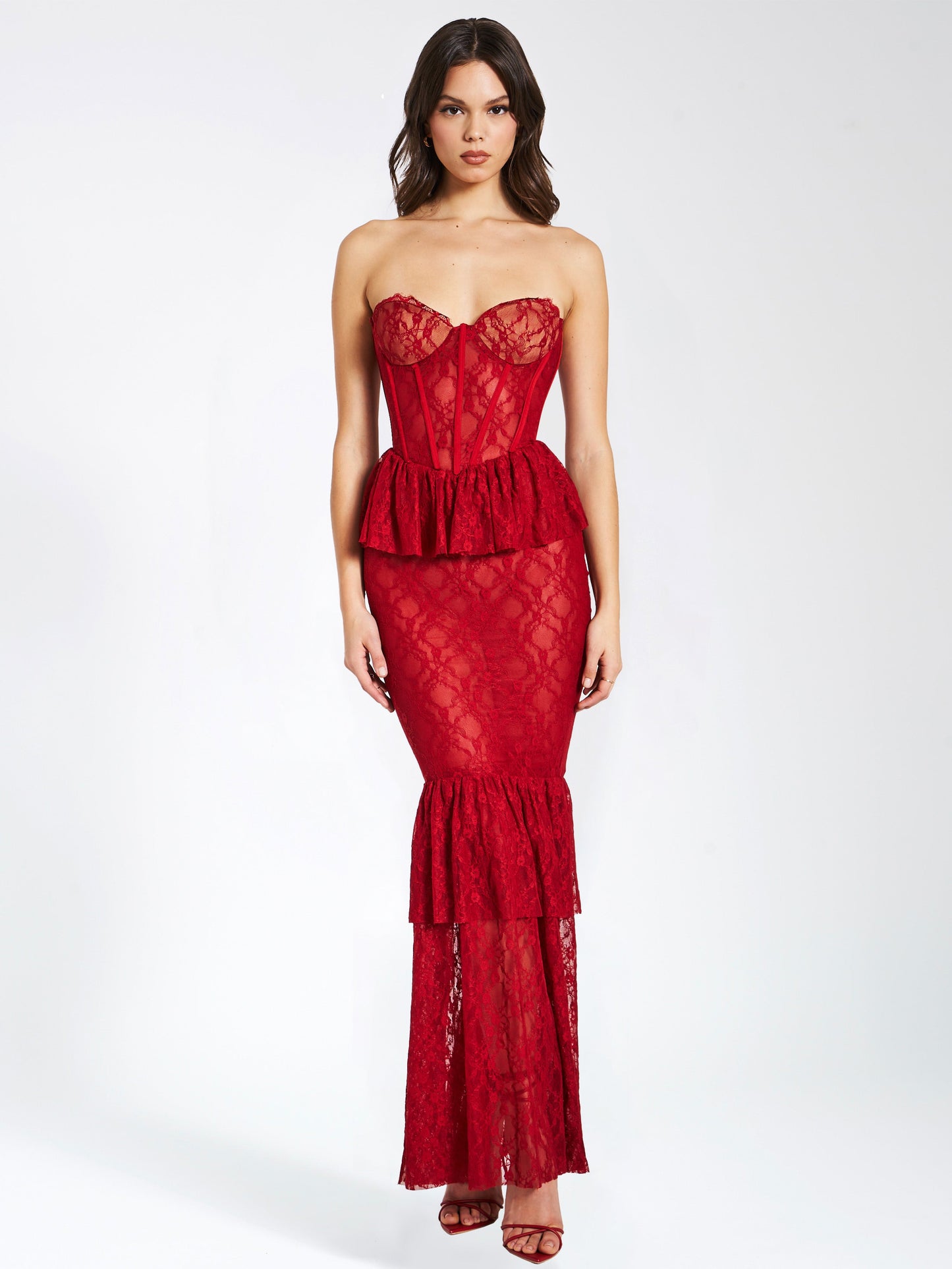 Quin Red Lace Corset Maxi Dress HOUSE OF SHE