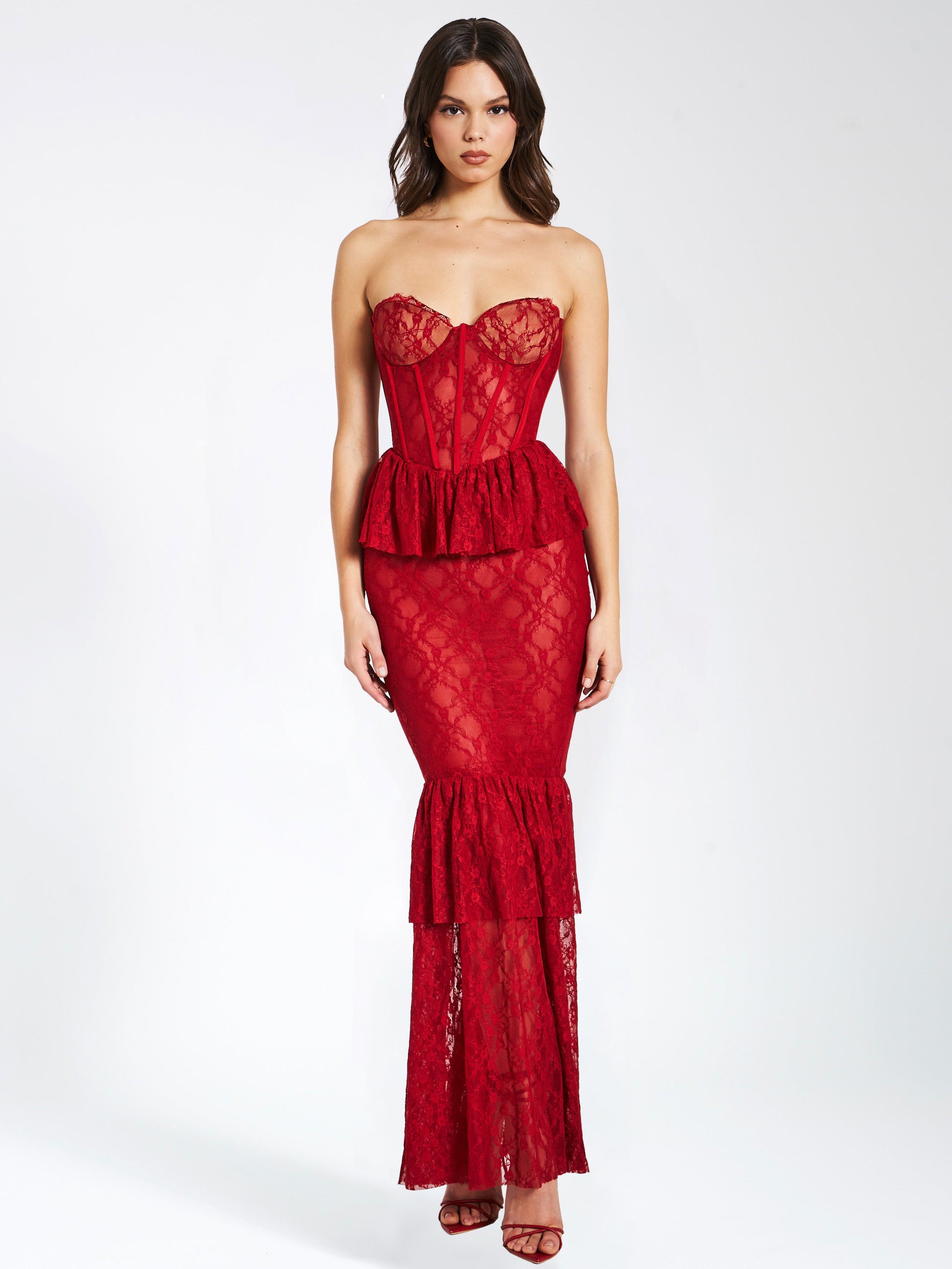 Quin Red Lace Corset Maxi Dress  HOUSE OF SHE