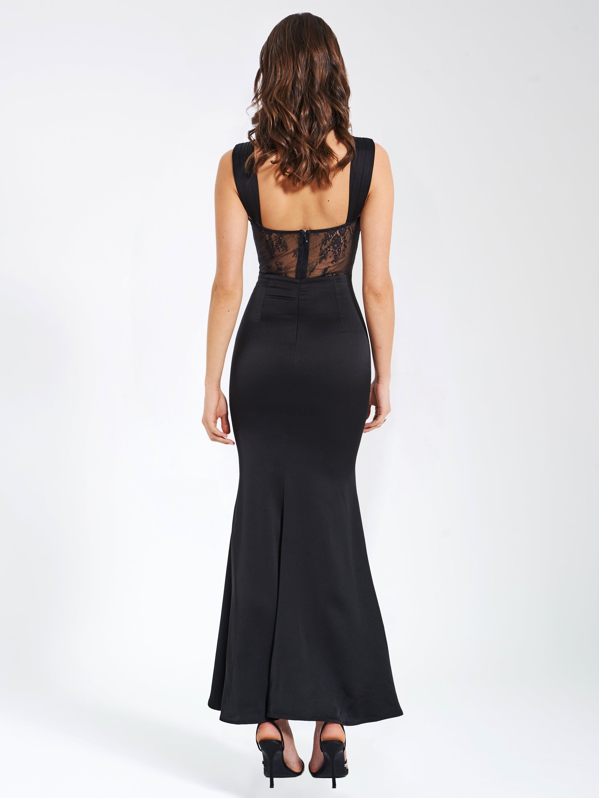 Camila Black Satin and Lace Maxi Dress  HOUSE OF SHE