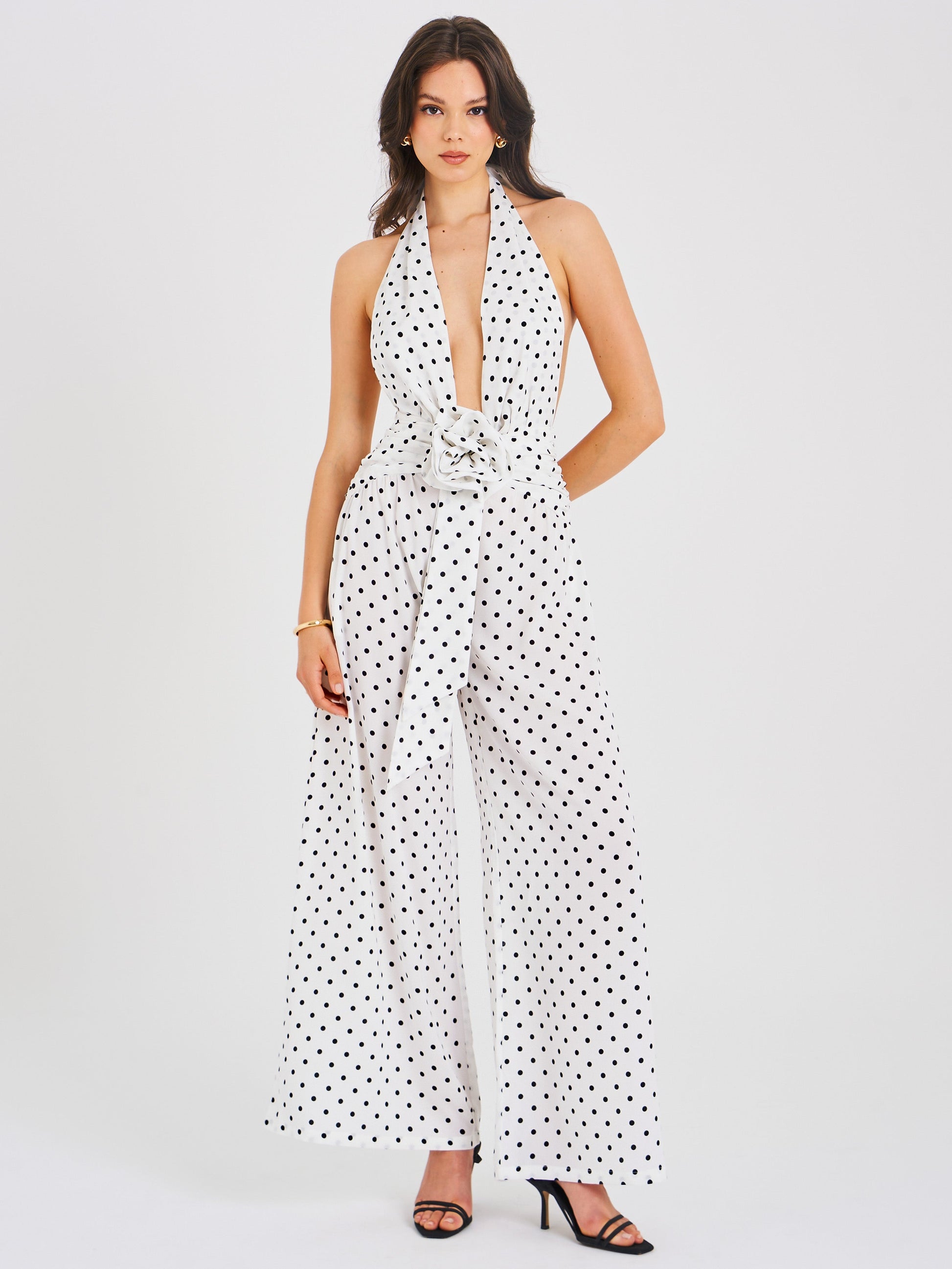 Oriana White Polka Dots Halter Jumpsuit - HOUSE OF SHE