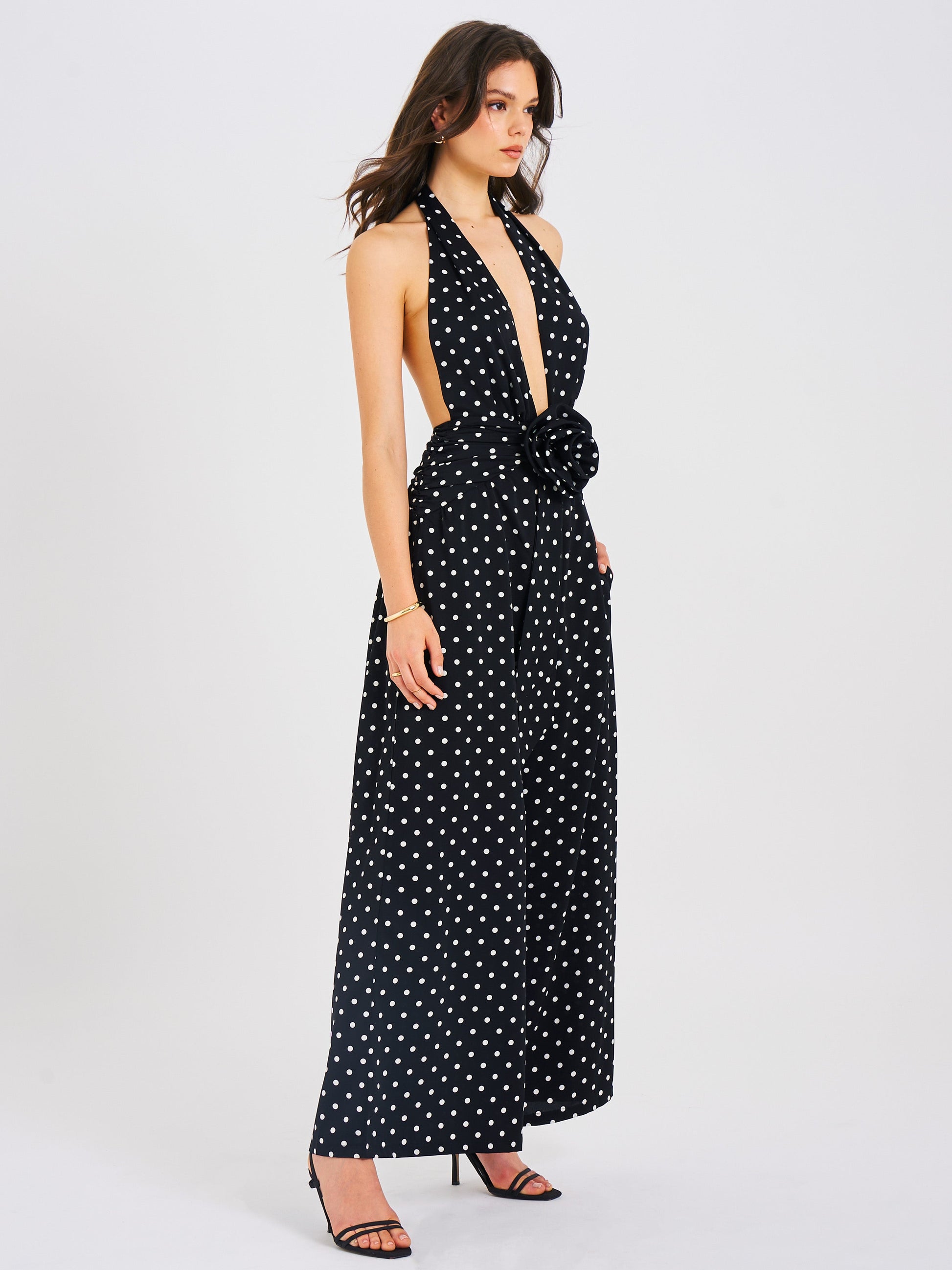 Oriana Black Polka Dots Halter Jumpsuit - HOUSE OF SHE