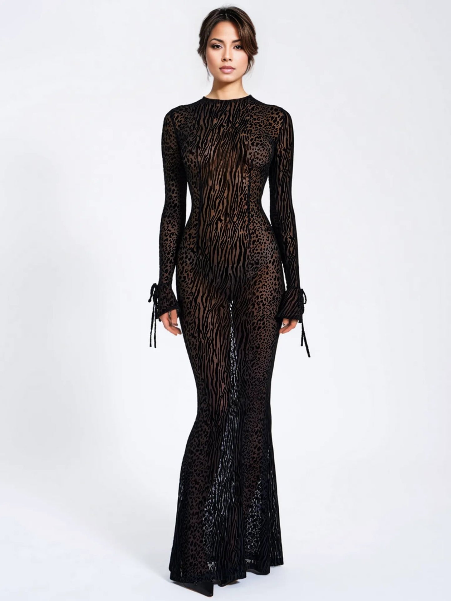 Lynn Black Animal Velvet Mesh Maxi Dress HOUSE OF SHE