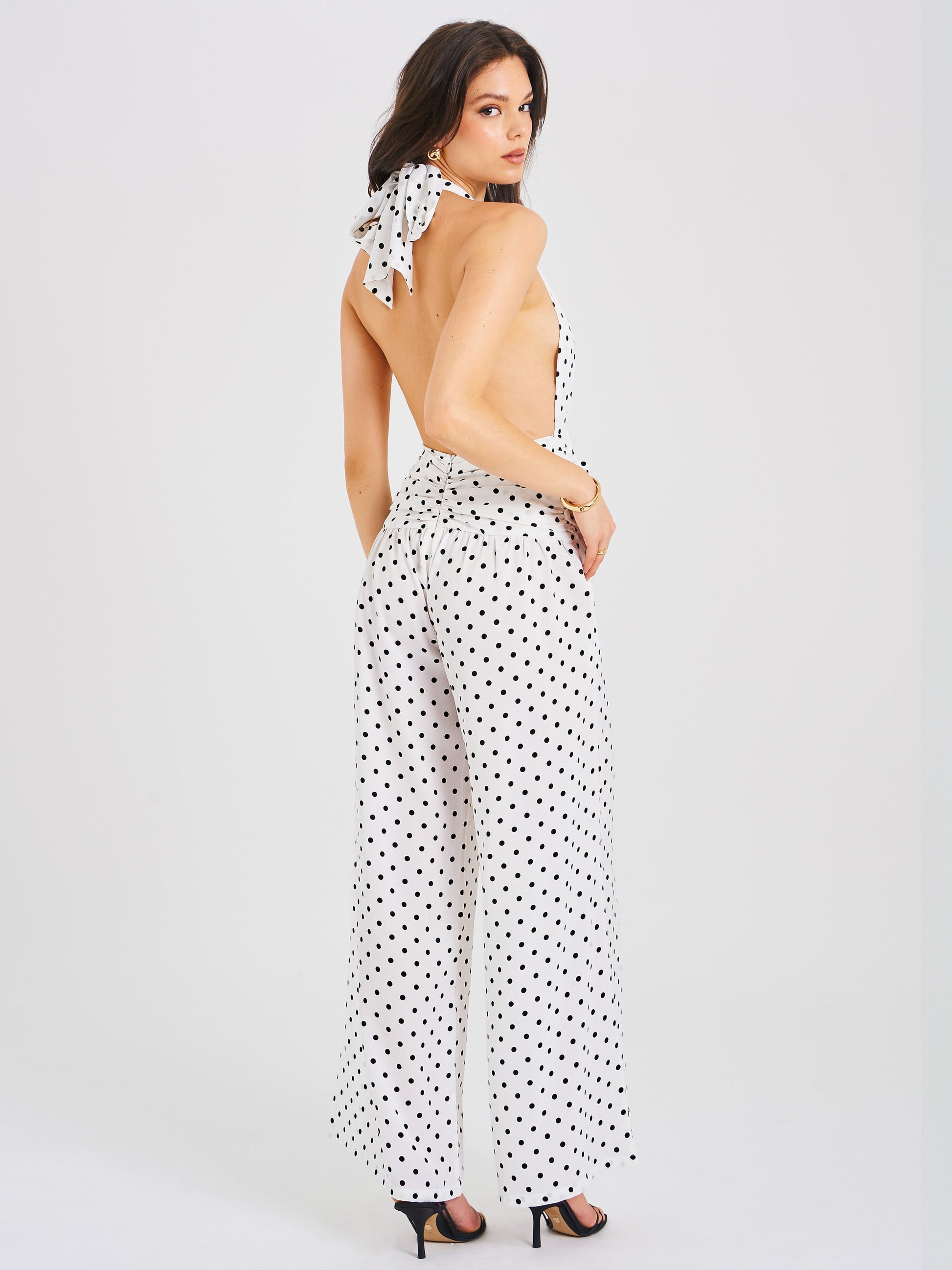 Oriana White Polka Dots Halter Jumpsuit - HOUSE OF SHE