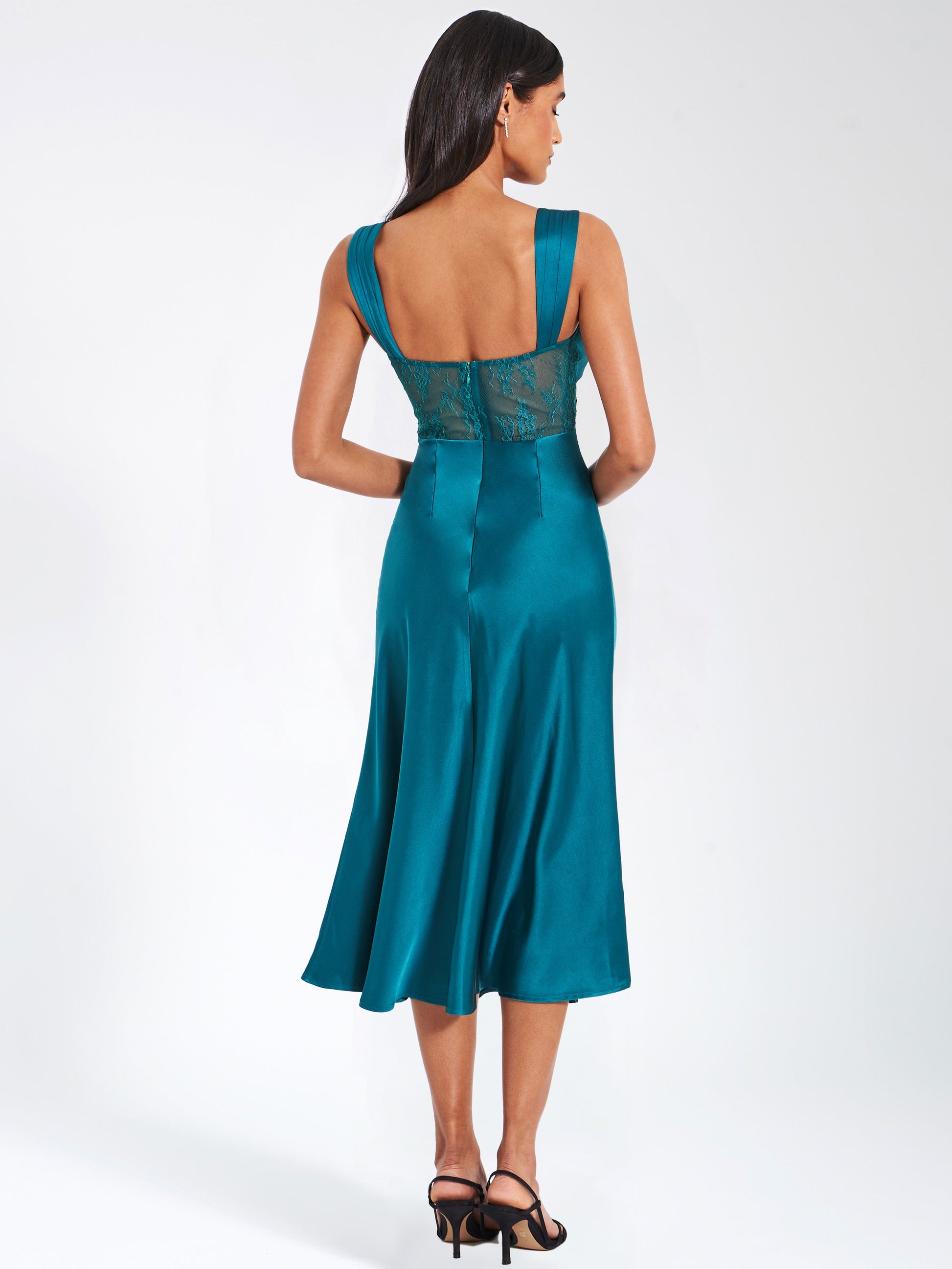 Perley Teal Satin and Lace Midi Dress  HOUSE OF SHE