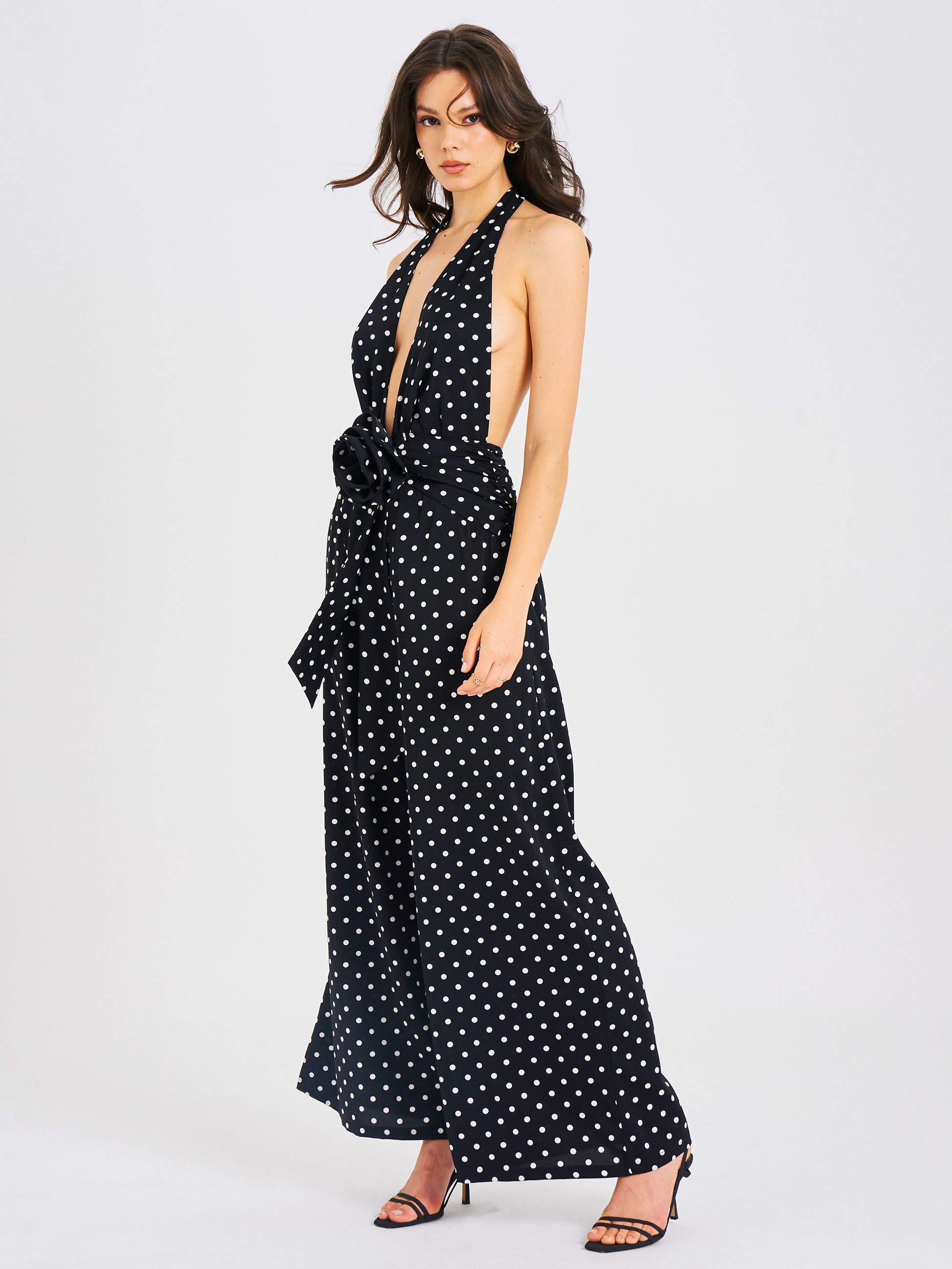 Oriana Black Polka Dots Halter Jumpsuit - HOUSE OF SHE