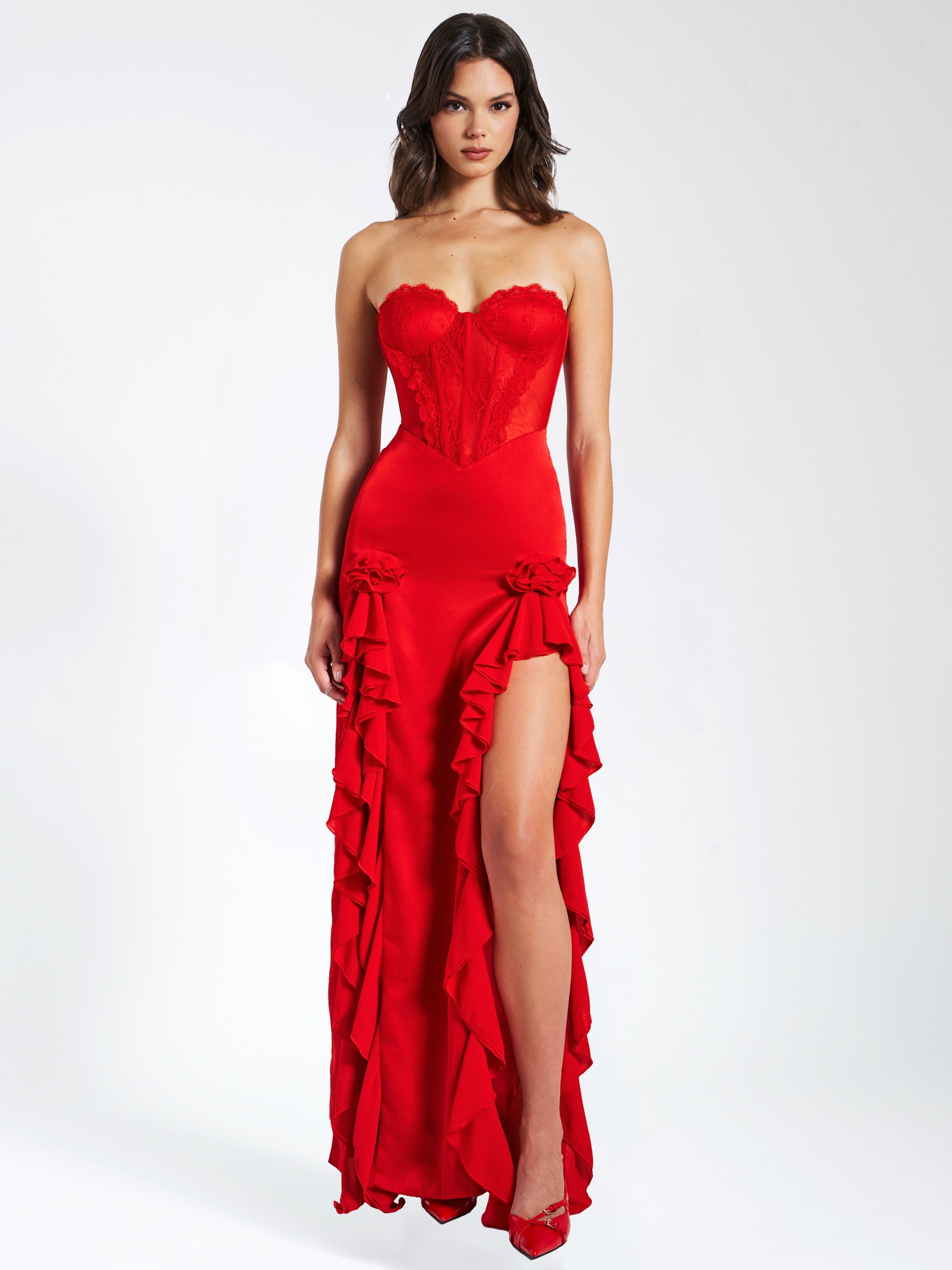 Lia Red Satin Lace Corset Maxi Dress - HOUSE OF SHE