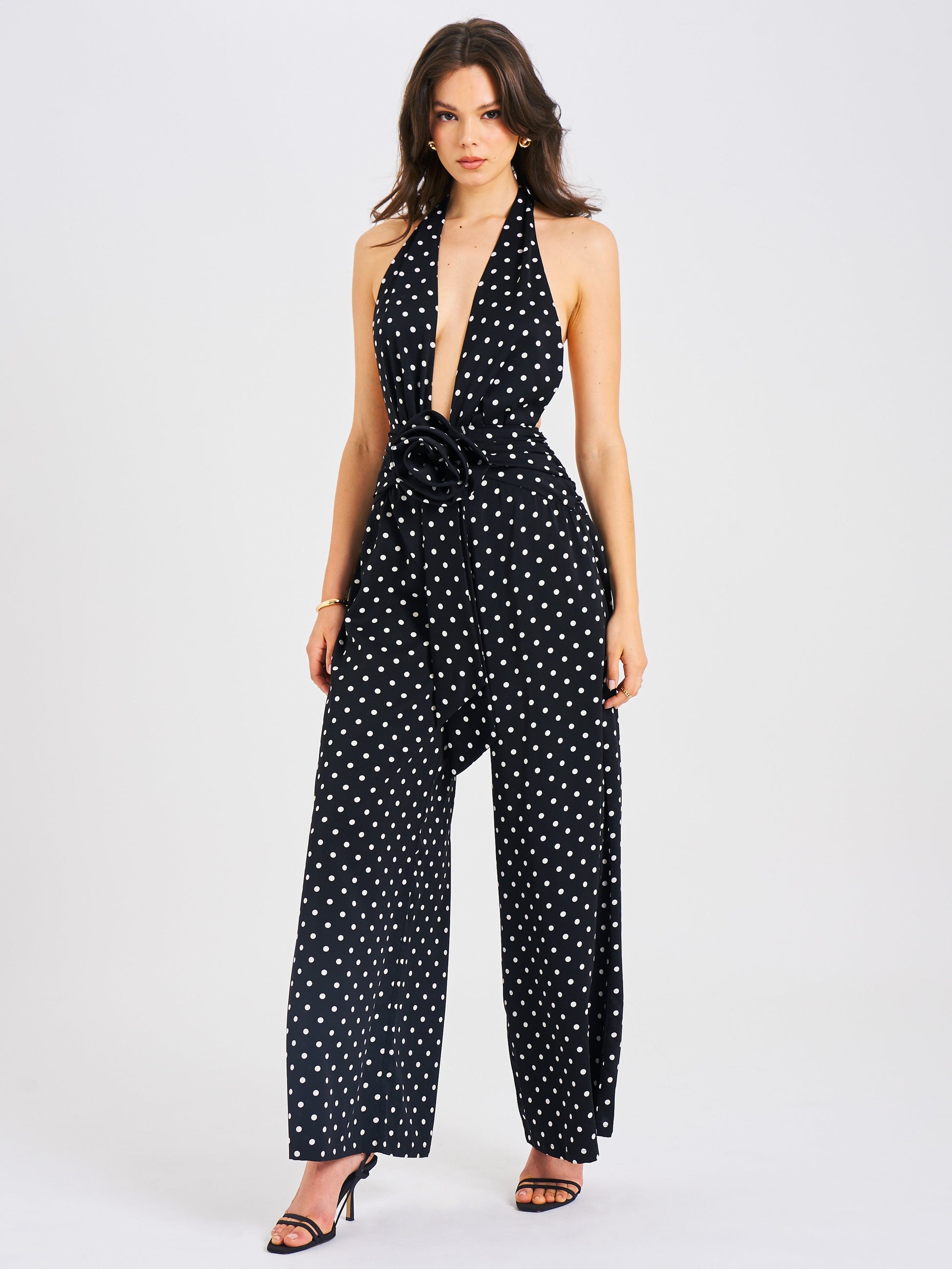 Oriana Black Polka Dots Halter Jumpsuit - HOUSE OF SHE