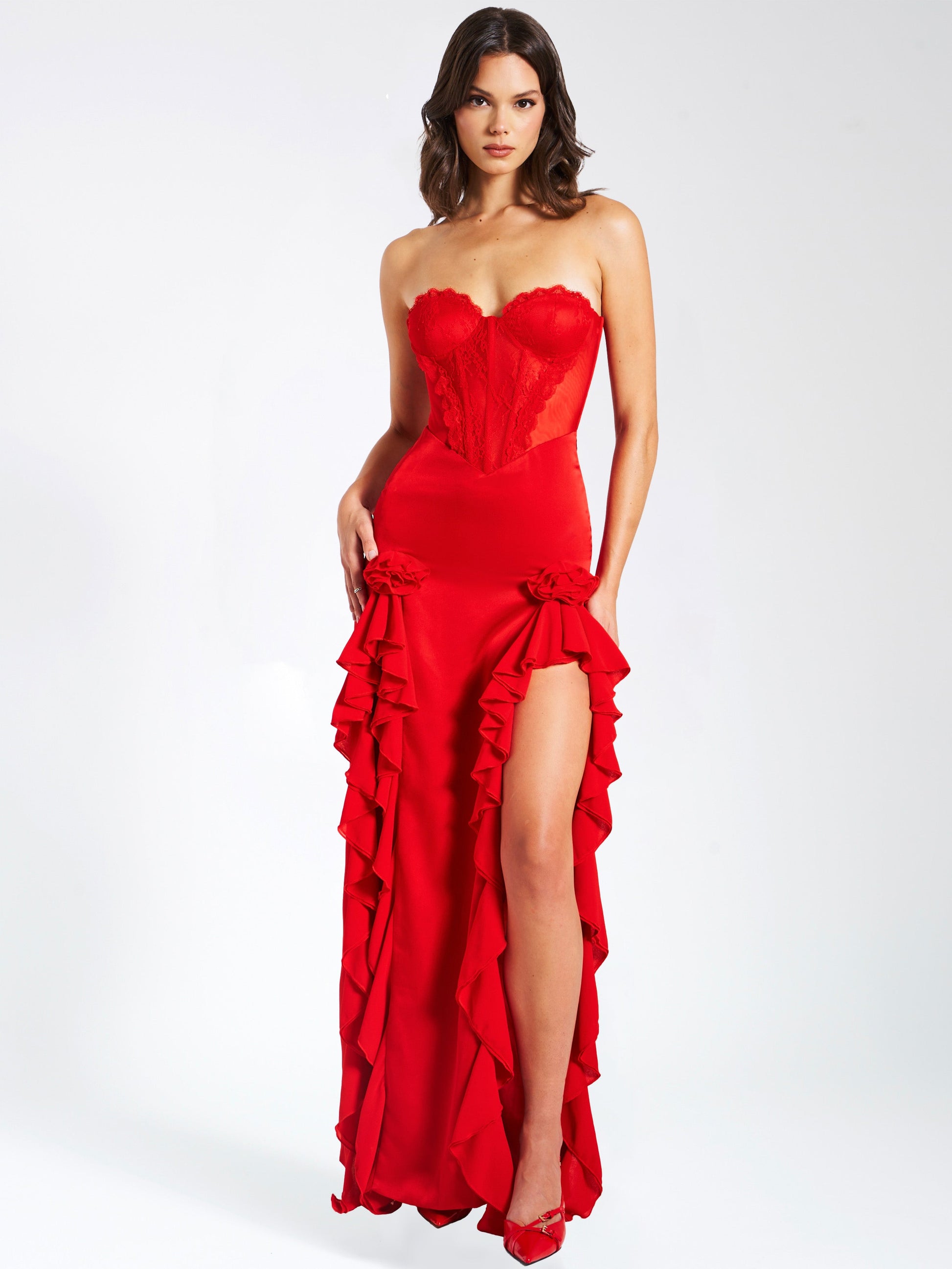 Lia Red Satin Lace Corset Maxi Dress - HOUSE OF SHE