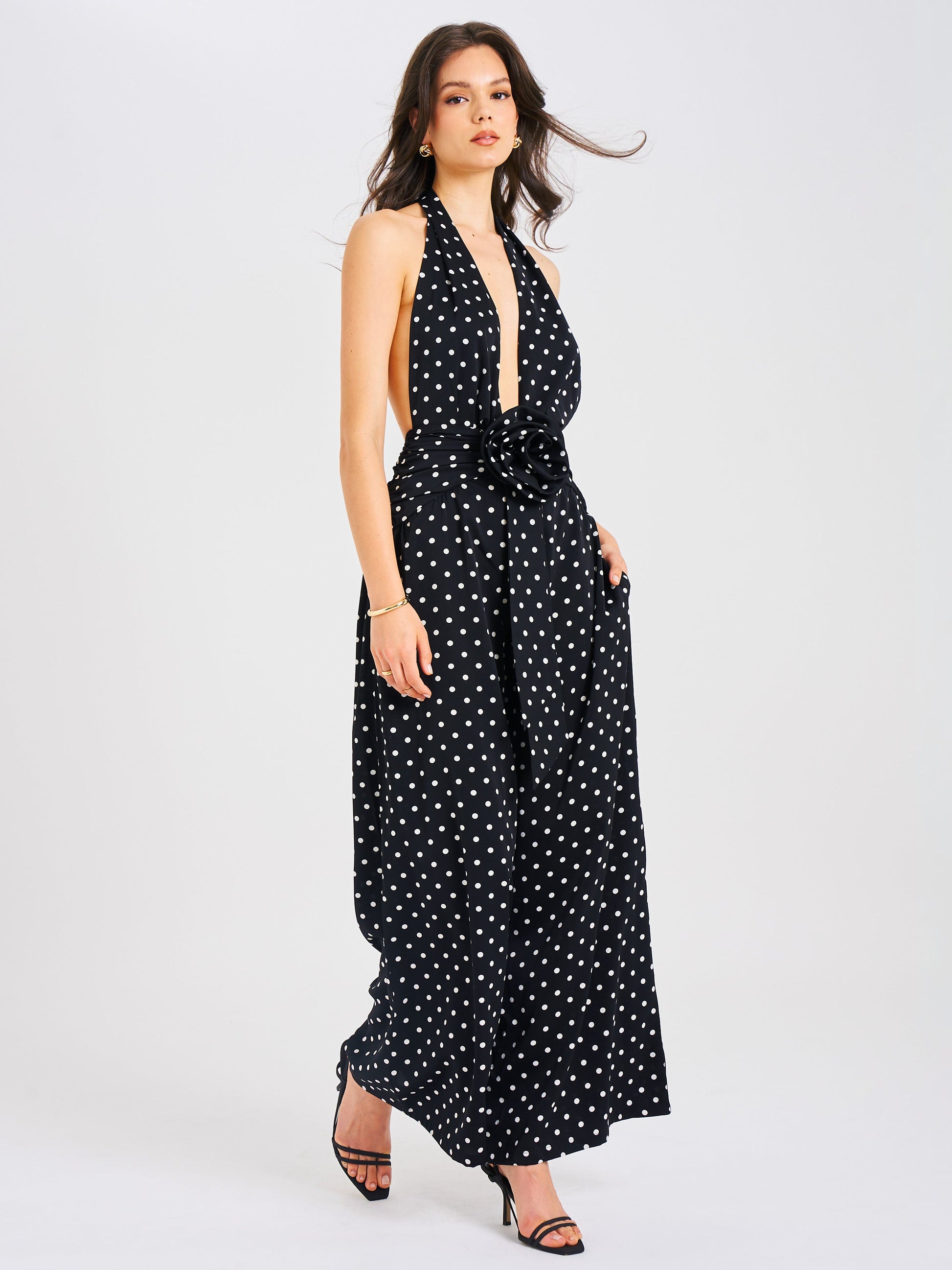 Oriana Black Polka Dots Halter Jumpsuit - HOUSE OF SHE