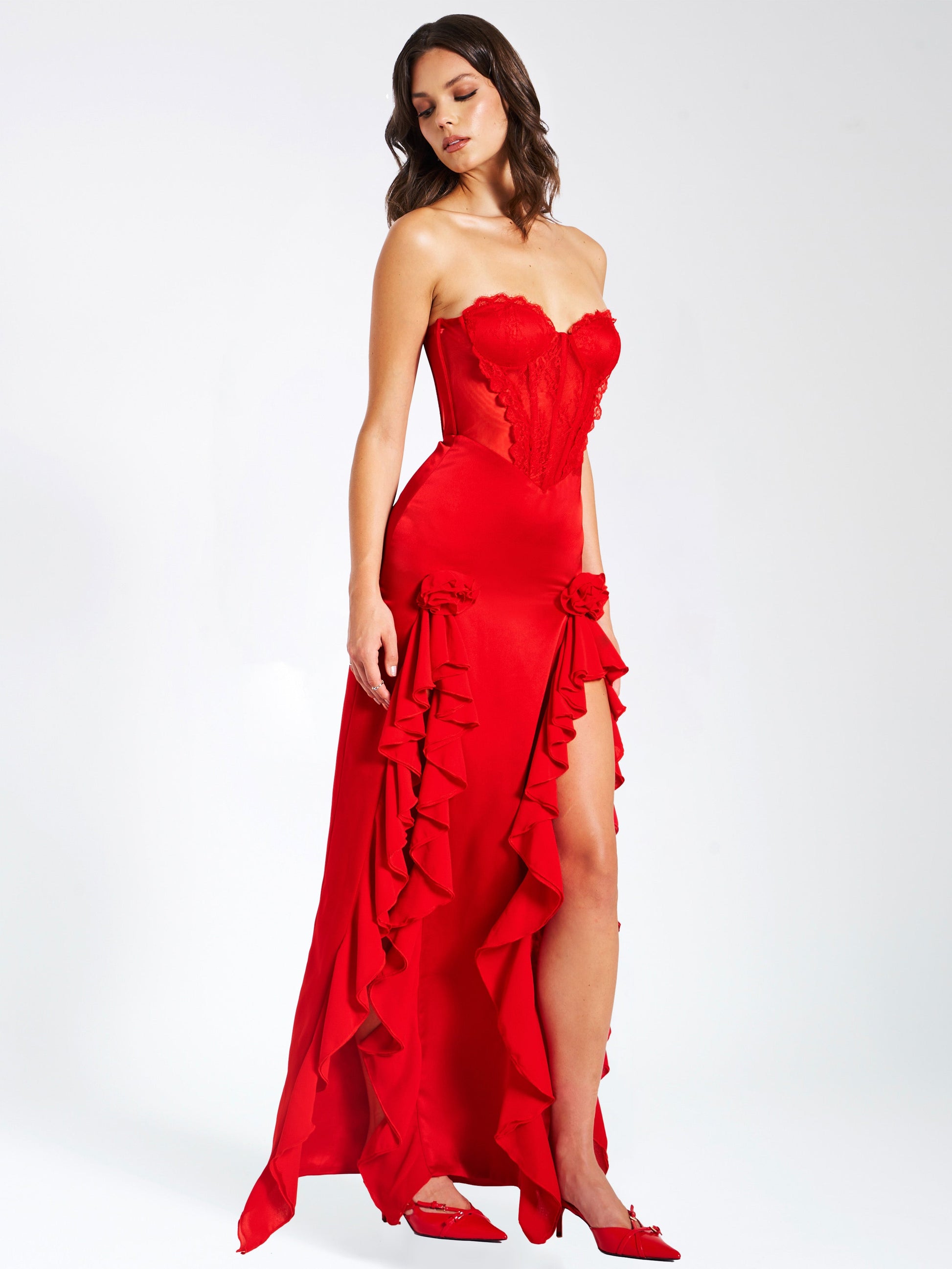 Lia Red Satin Lace Corset Maxi Dress - HOUSE OF SHE