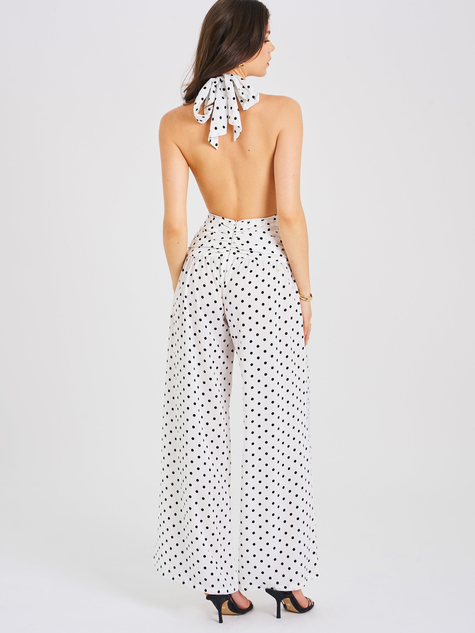Oriana White Polka Dots Halter Jumpsuit - HOUSE OF SHE