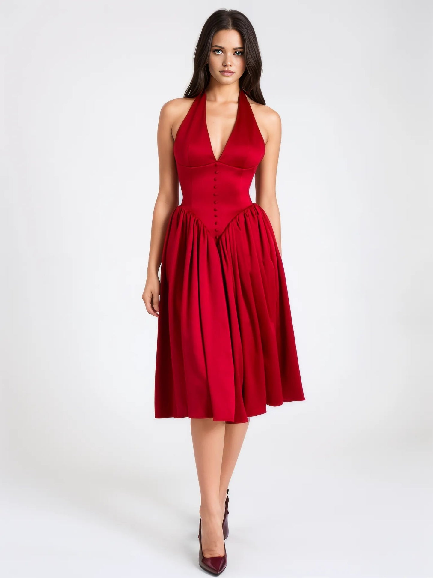 Cara Red Plunging Halter Backless Maxi Dress - HOUSE OF SHE