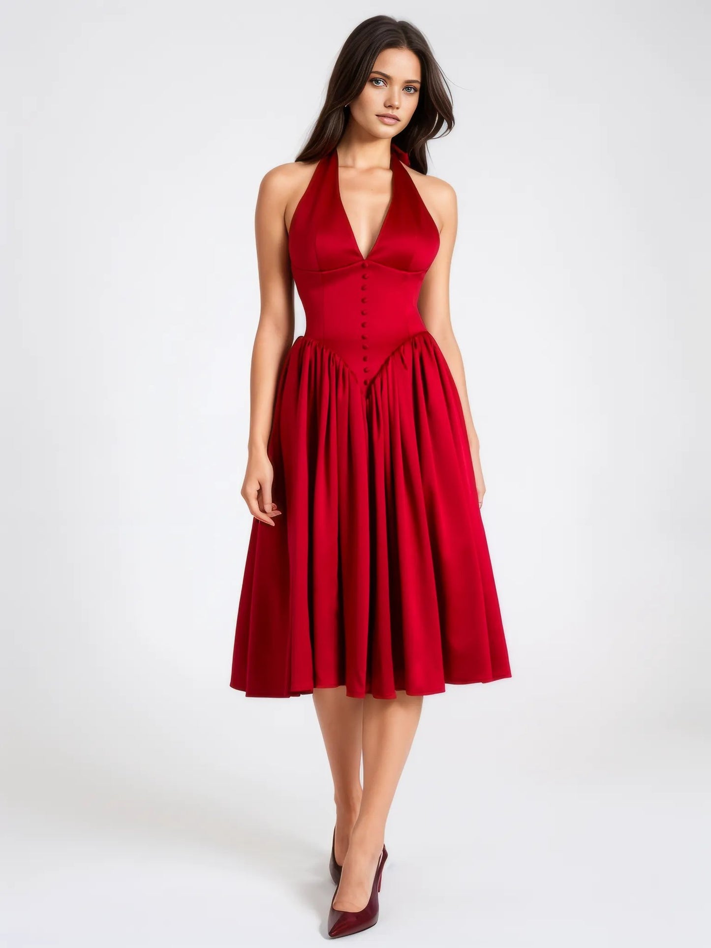 Cara Red Plunging Halter Backless Maxi Dress - HOUSE OF SHE