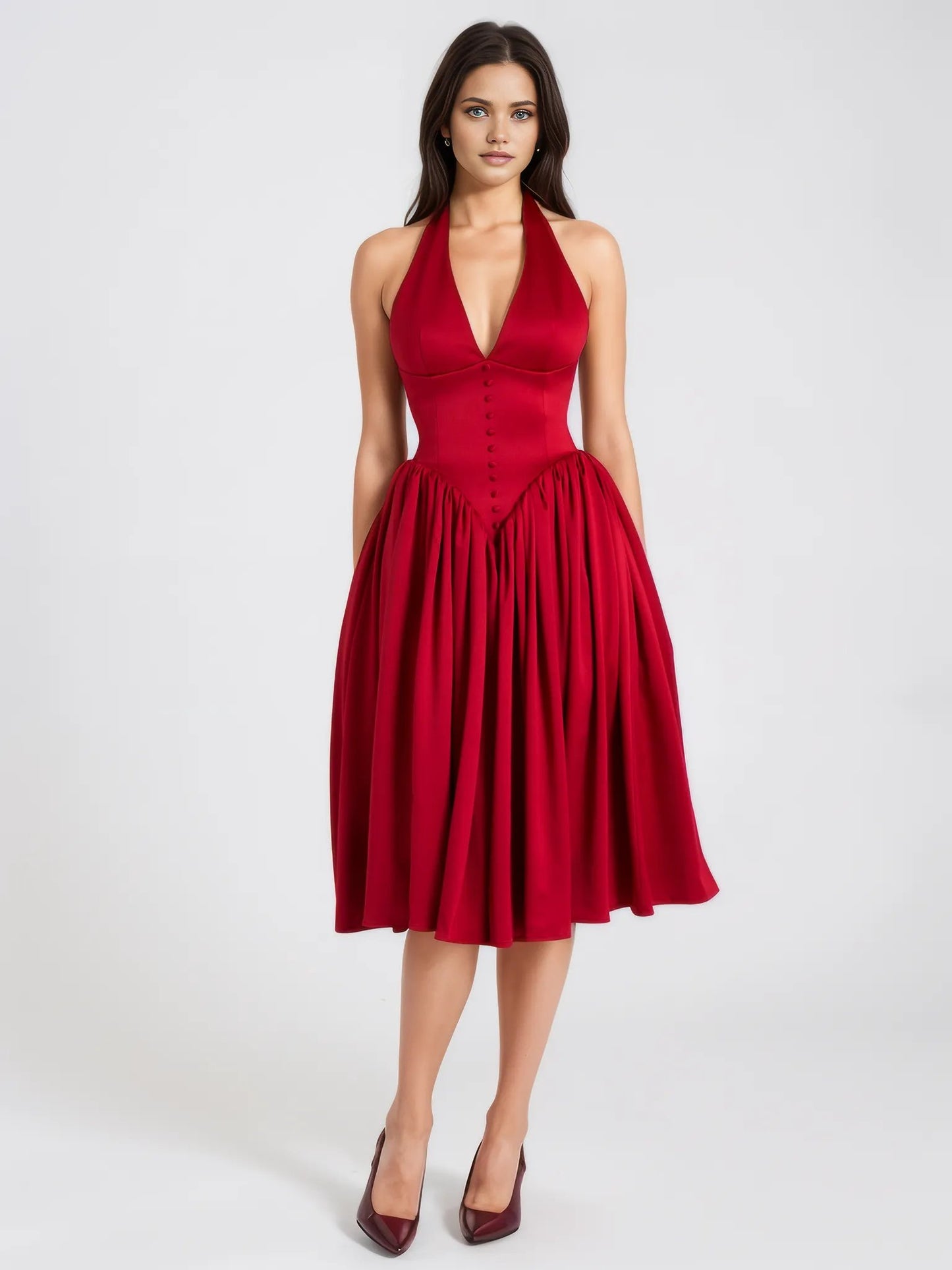 Cara Red Plunging Halter Backless Maxi Dress - HOUSE OF SHE