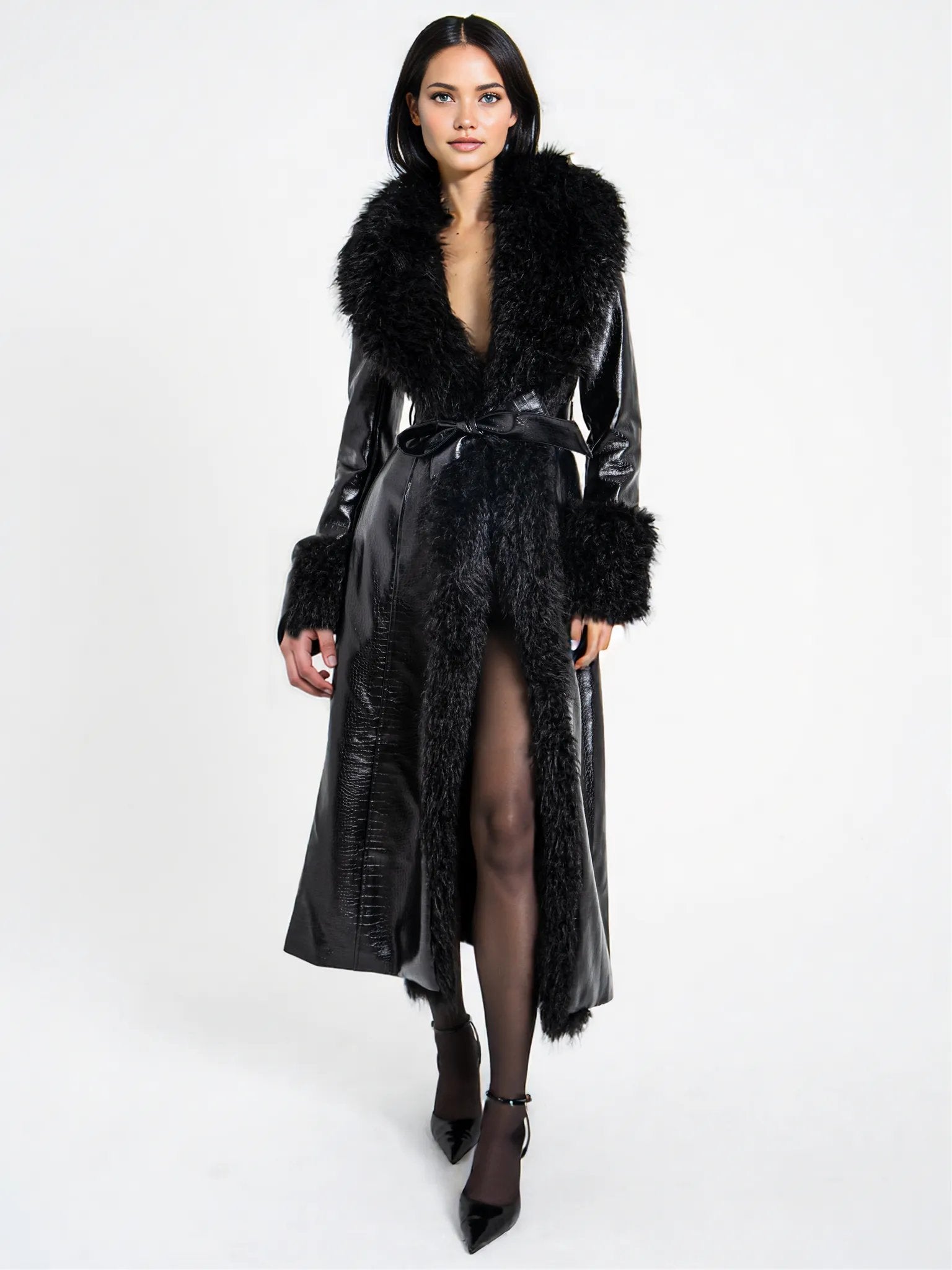Zella Black Fur Vegan Croc Leather Coat