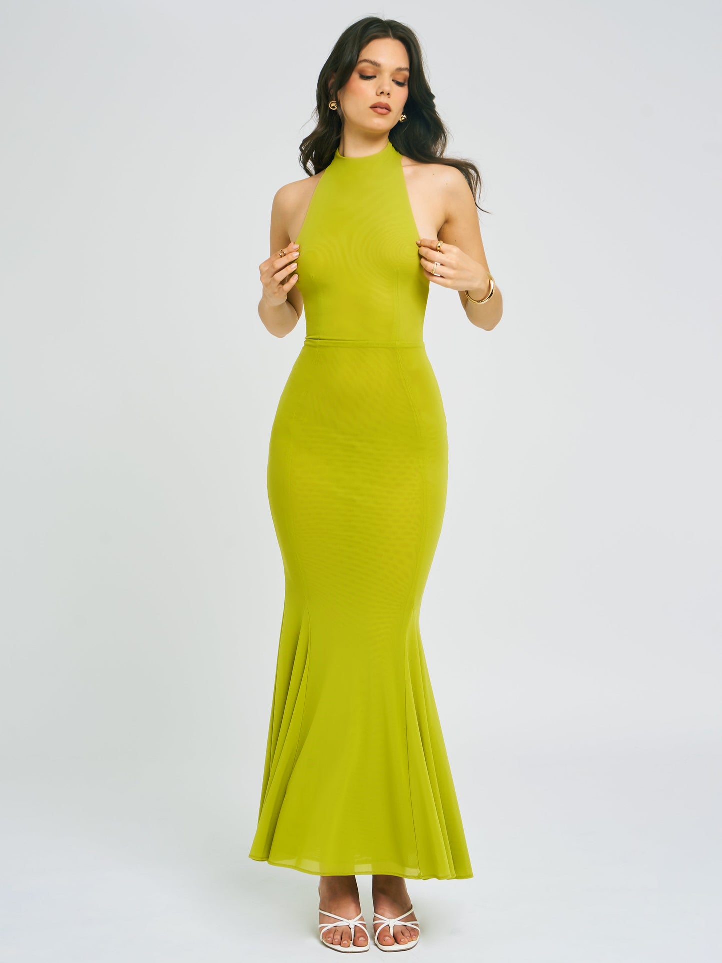 Irene Olive Green Mesh Turtleneck Dress - HOUSE OF SHE
