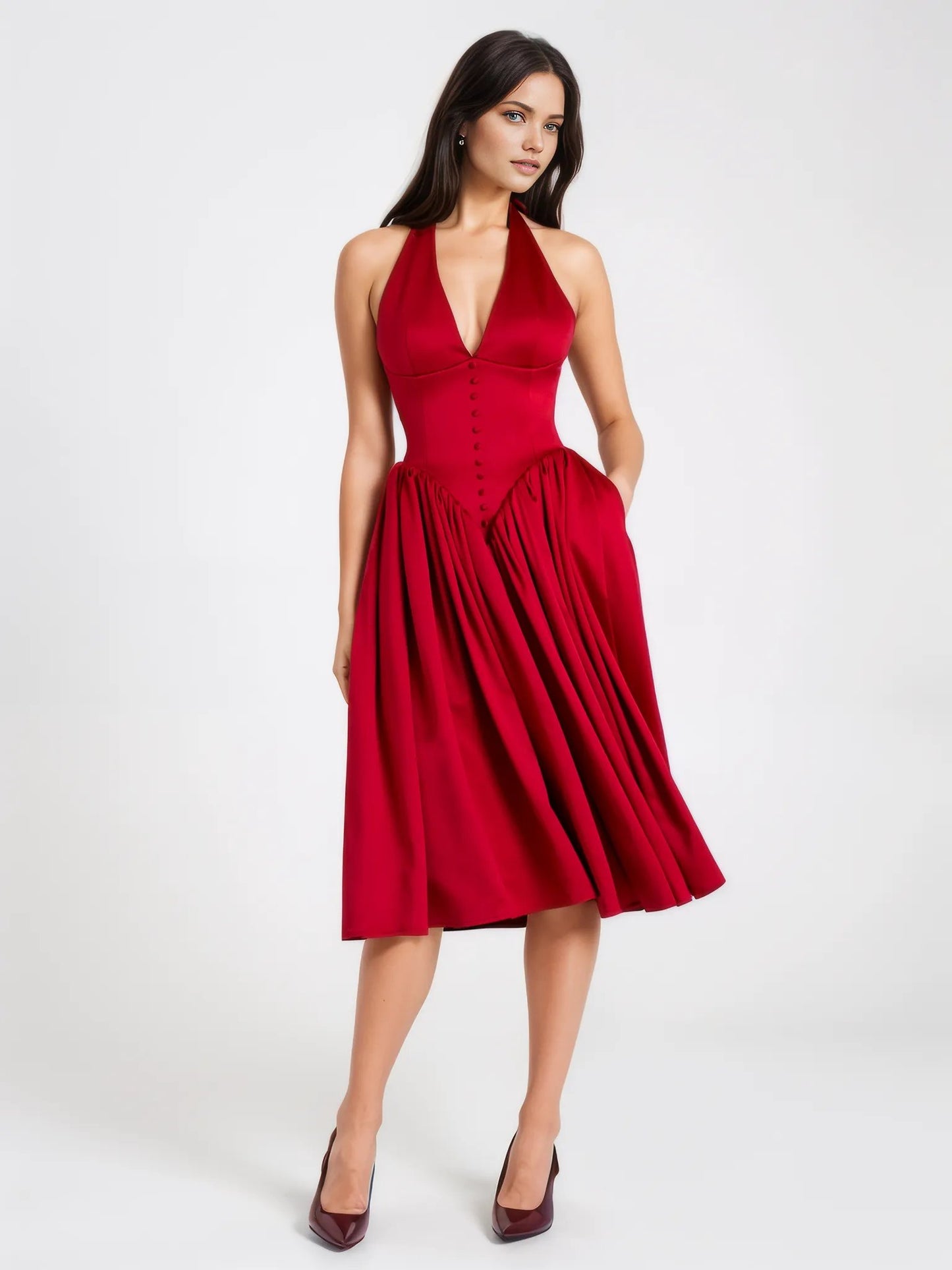 Cara Red Plunging Halter Backless Maxi Dress - HOUSE OF SHE