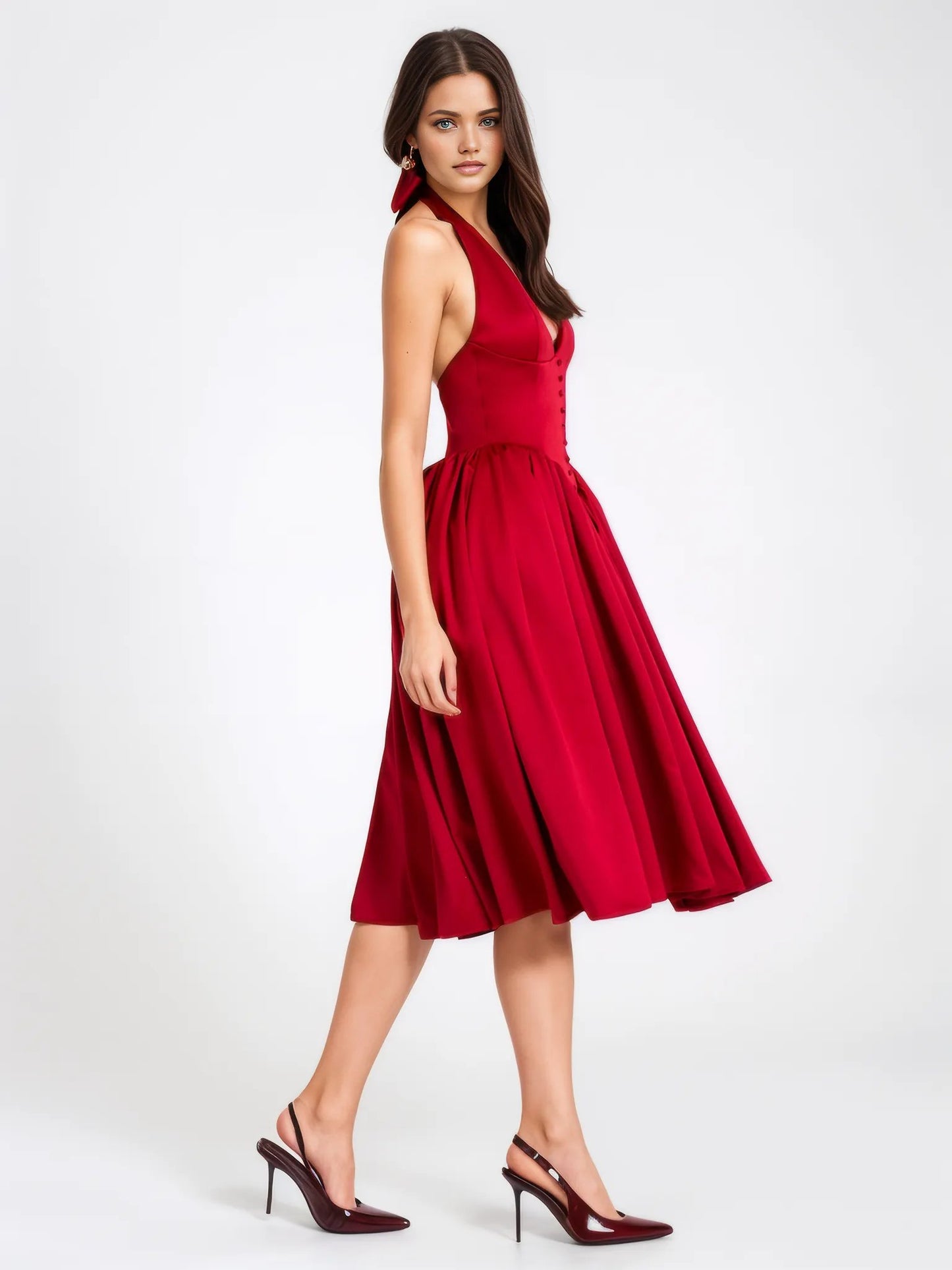 Cara Red Plunging Halter Backless Maxi Dress - HOUSE OF SHE
