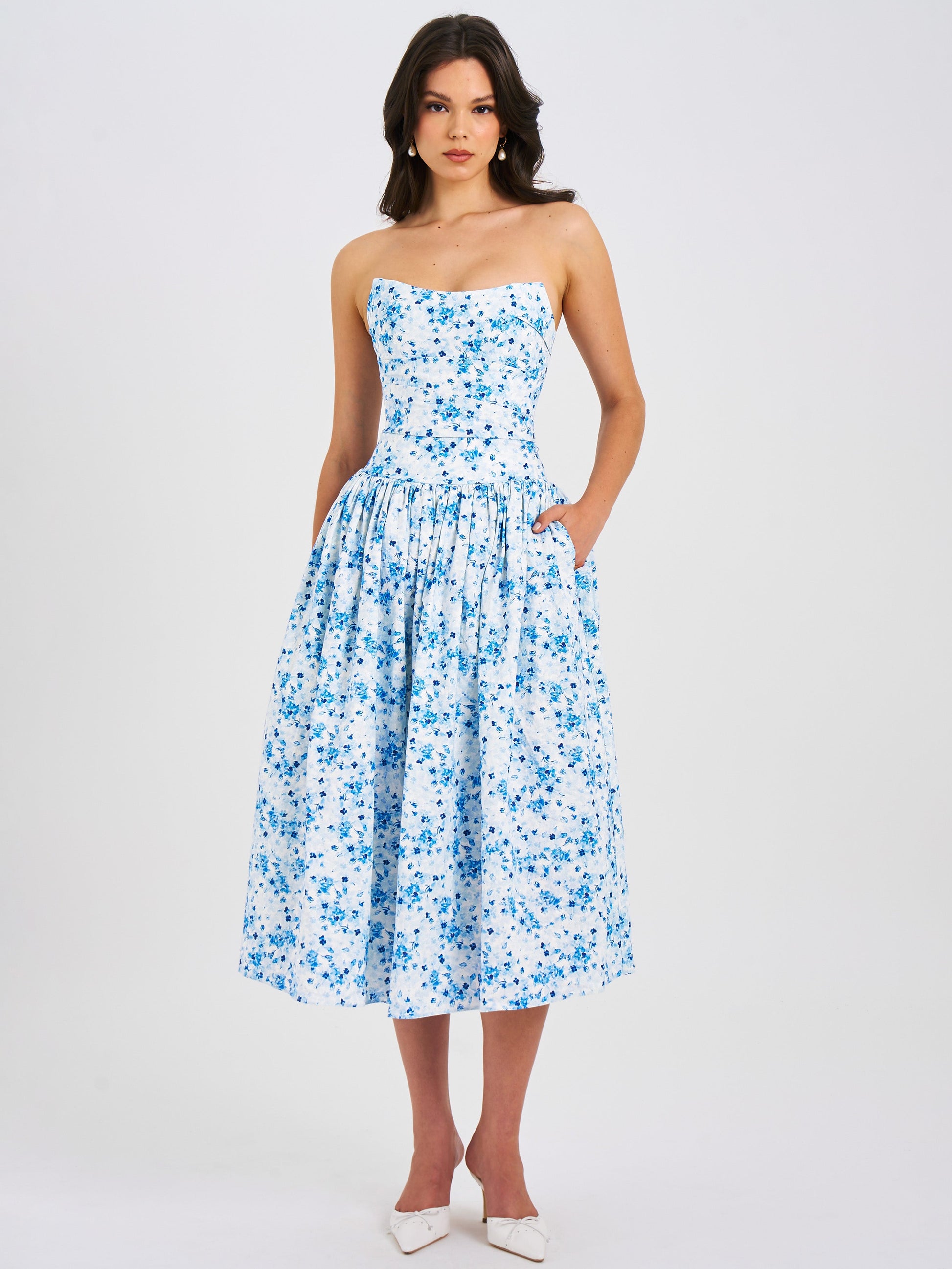 Paloma Blue Print Linen Corset Draping Top Midi Dress - HOUSE OF SHE
