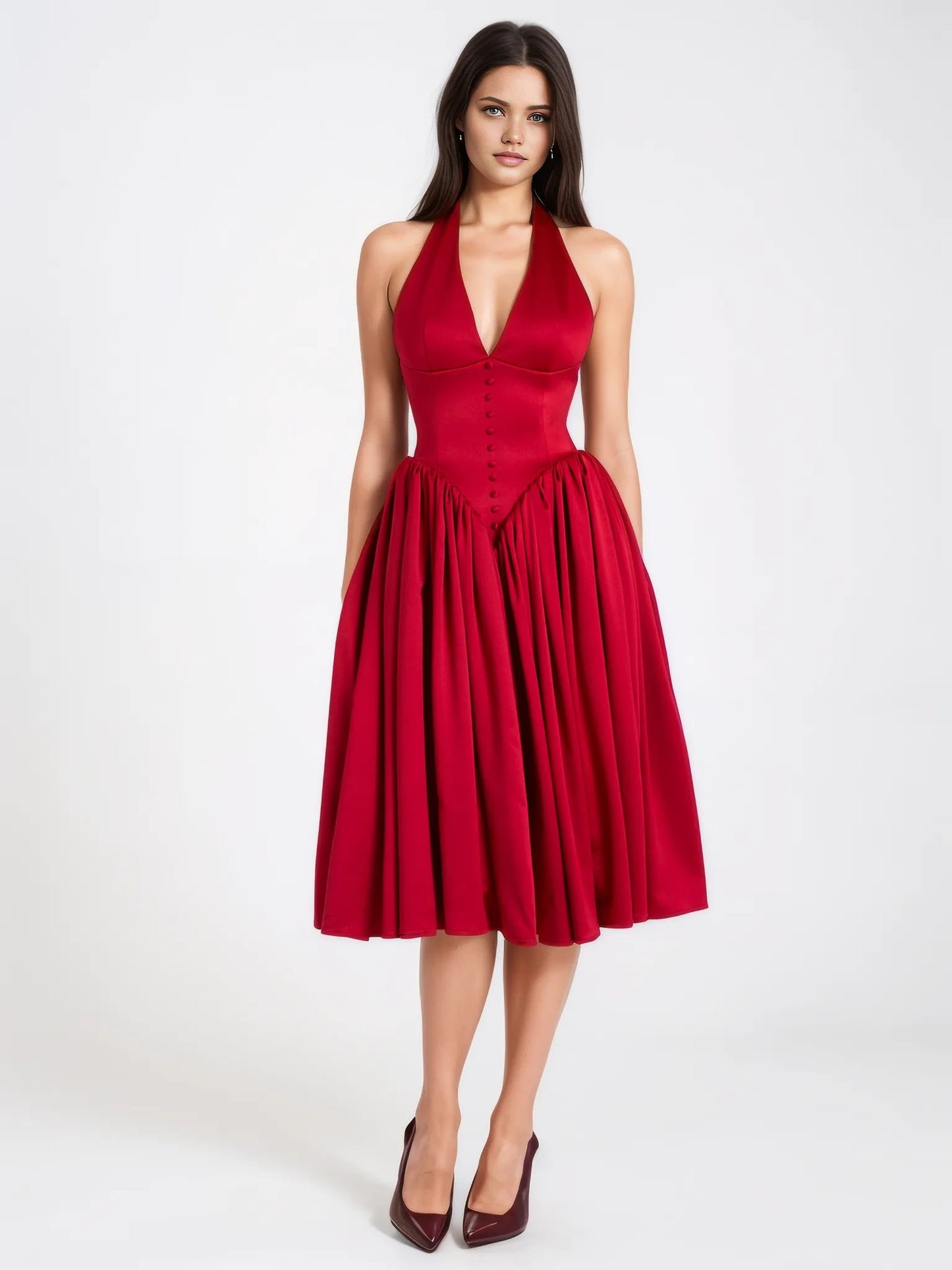 Cara Red Plunging Halter Backless Maxi Dress - HOUSE OF SHE
