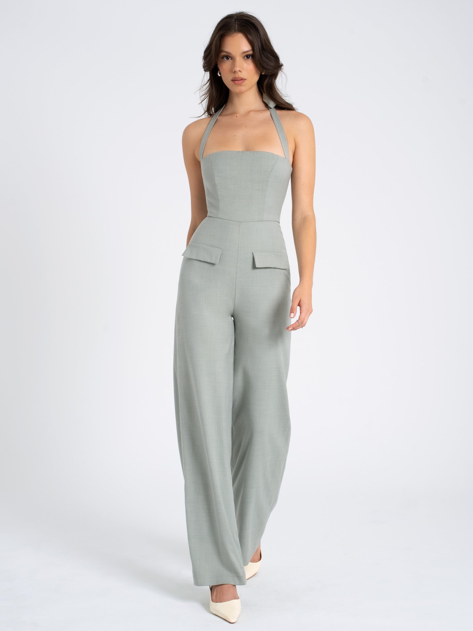 Zaria Sage Green Wide Leg Halter Jumpsuit HOUSE OF SHE