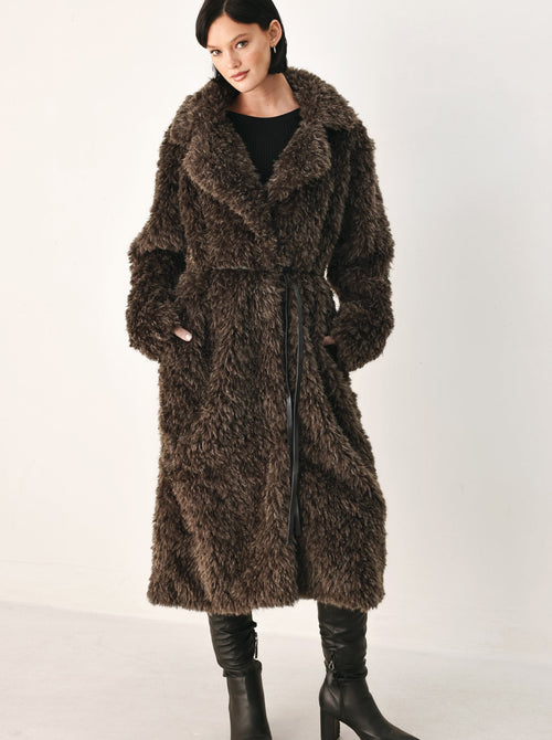 Cozy in the City Brown Belted Faux Fur Midi Coat
