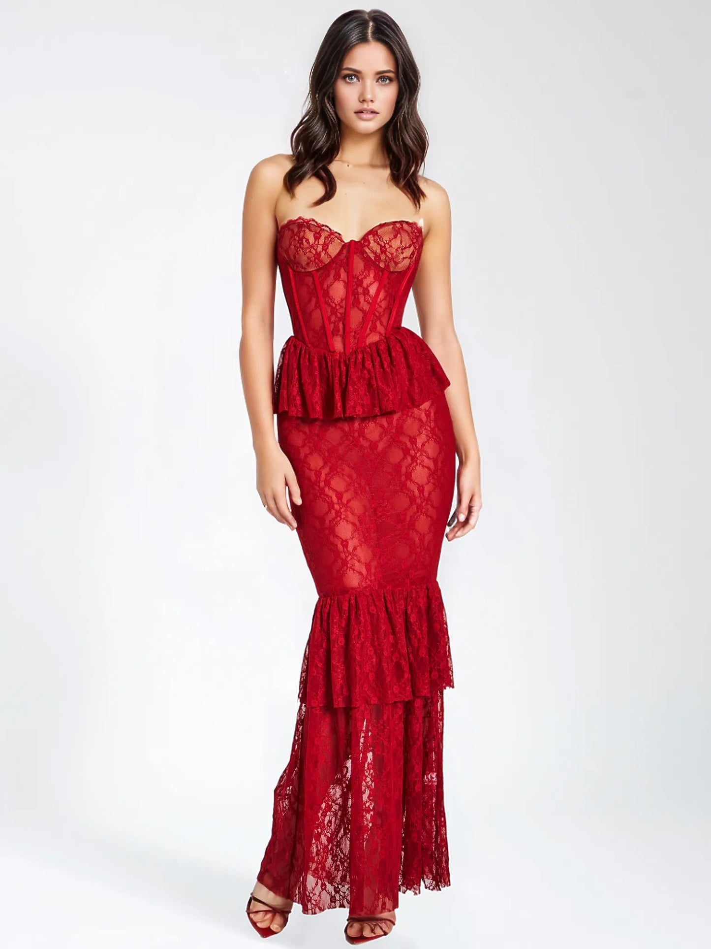 Quin Red Lace Corset Maxi Dress HOUSE OF SHE
