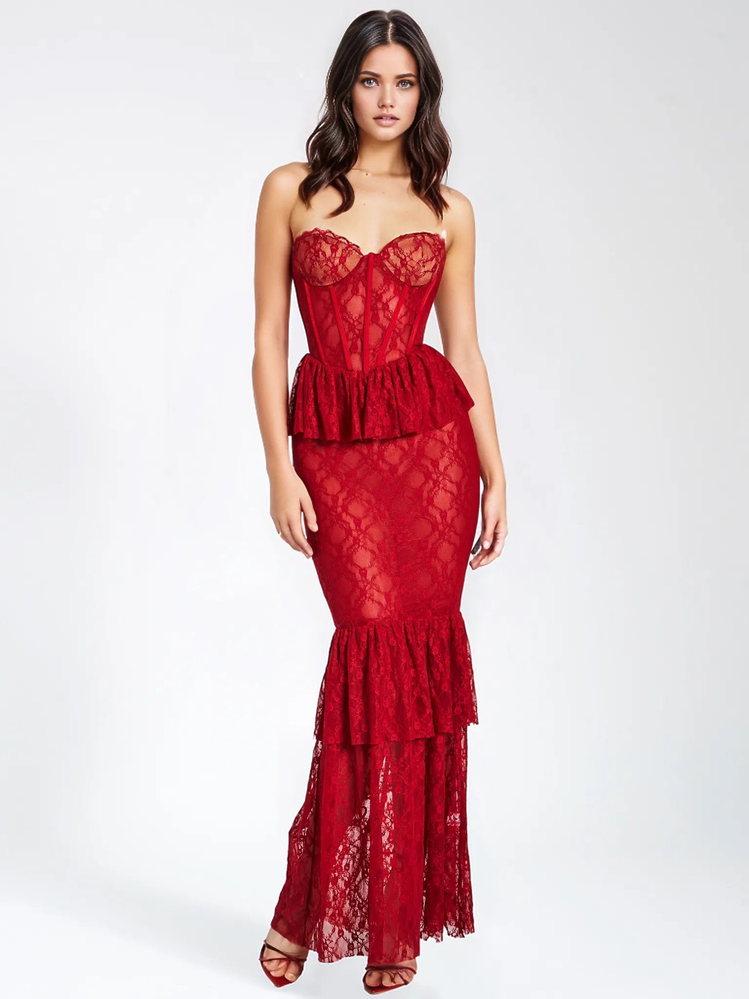 Quin Red Lace Corset Maxi Dress  HOUSE OF SHE