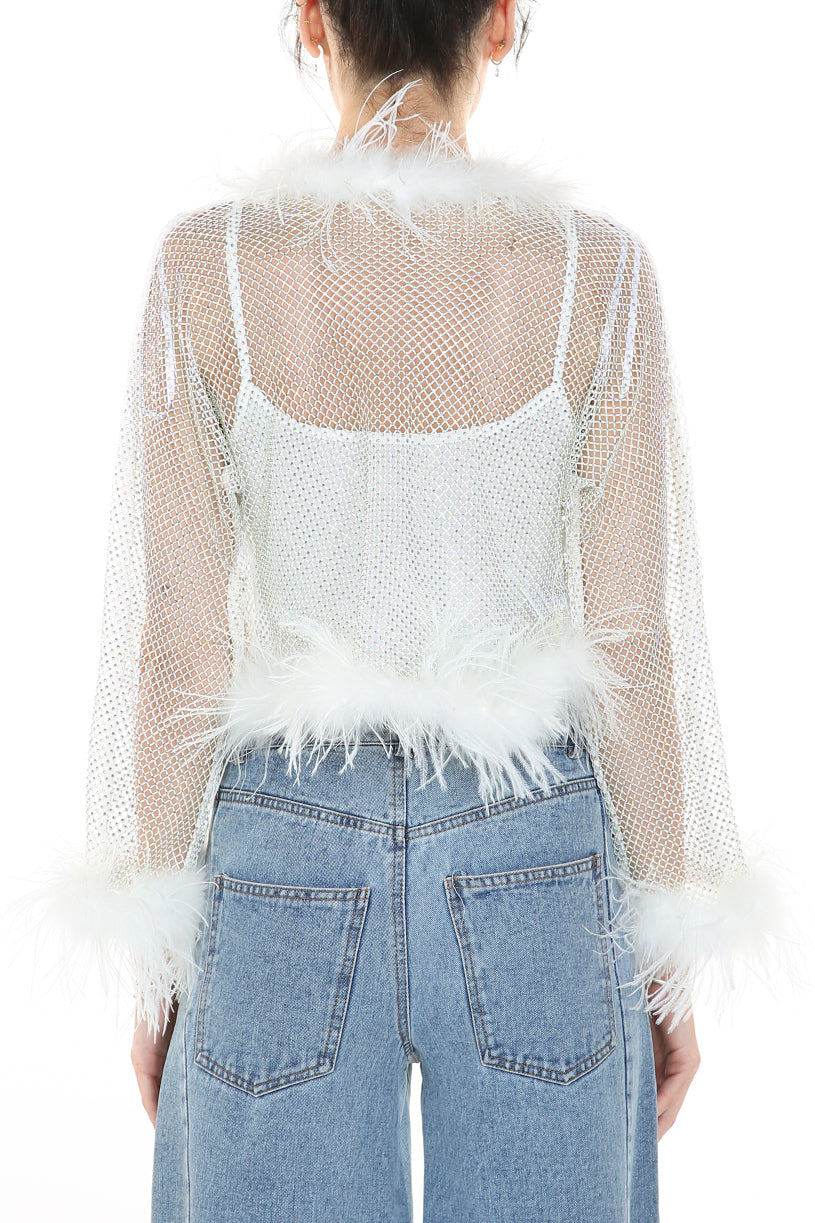 Crystal Rhinestones Fishnet Cardigan with fur lining HOUSE OF SHE