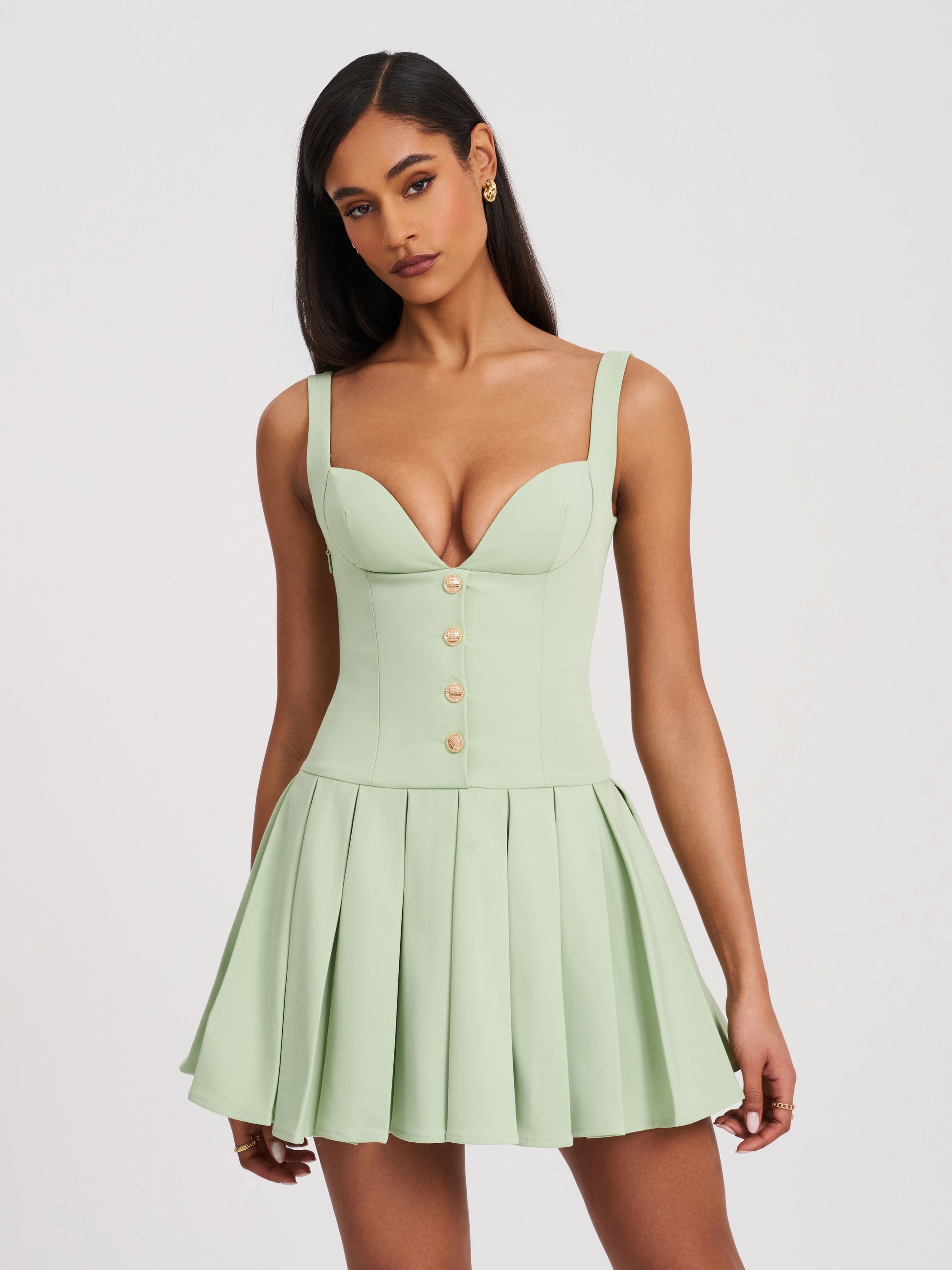 Tala Pistachio Green Sleeveless Pleated Preppy Mini Dress - HOUSE OF SHE