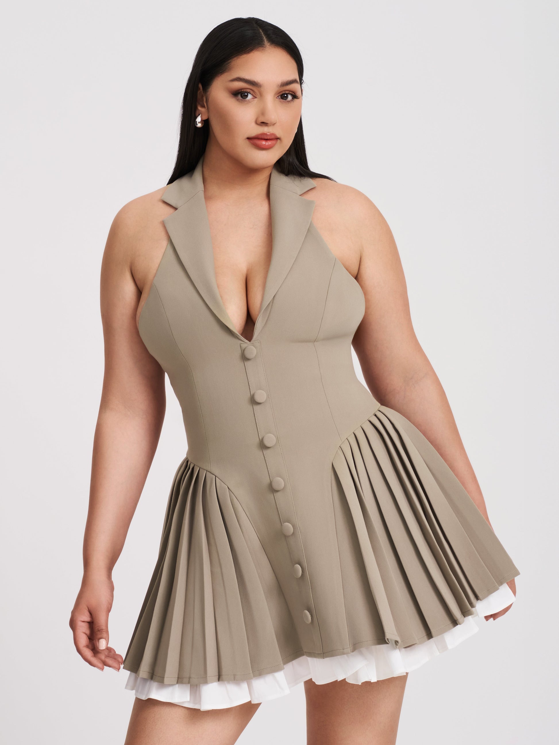 Hazel Brown Preppy Halter Neck Pleated Mini Dress - HOUSE OF SHE