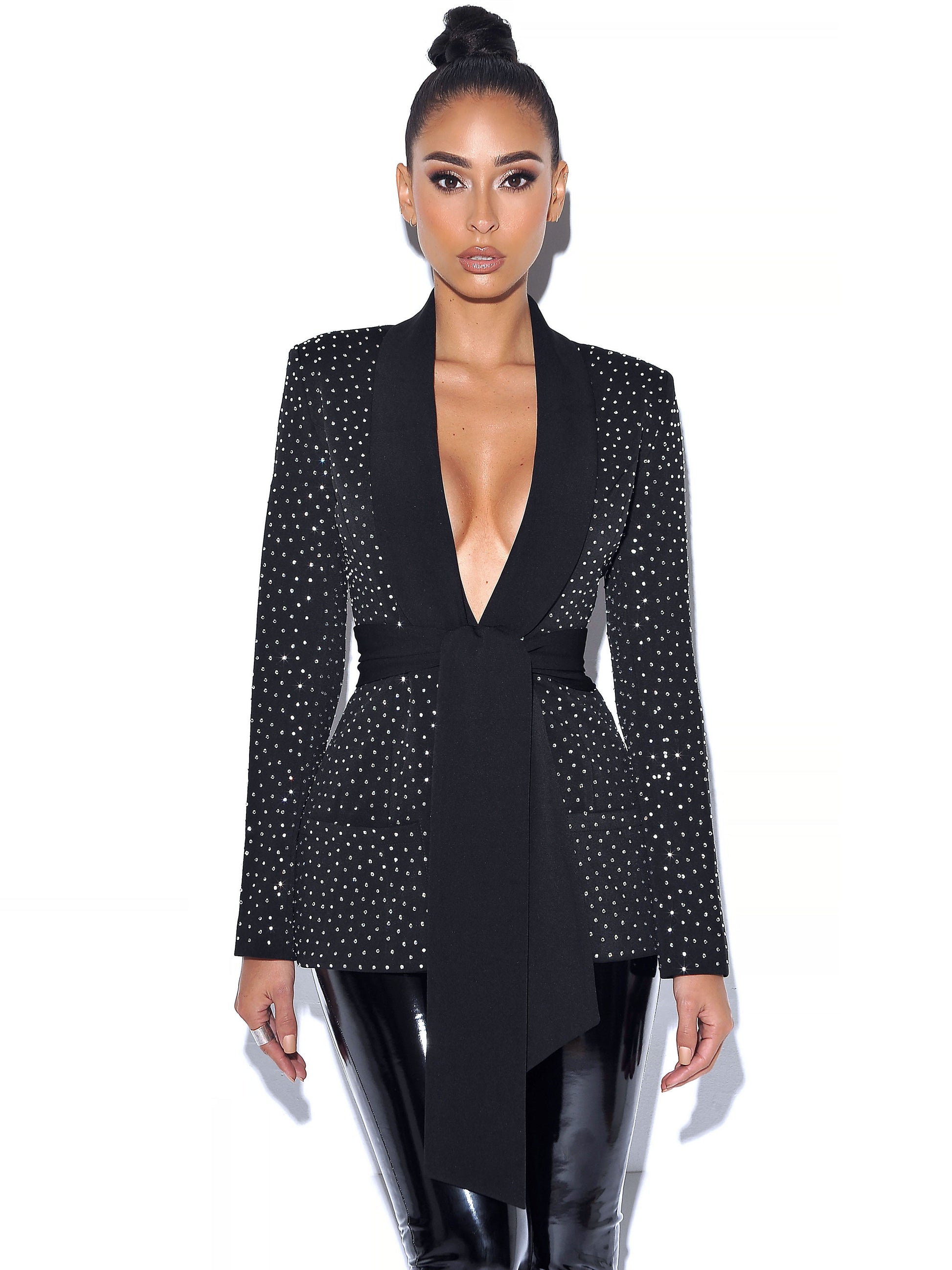 Visionary Crystal Embellished Black Blazer Jacket HOUSE OF SHE