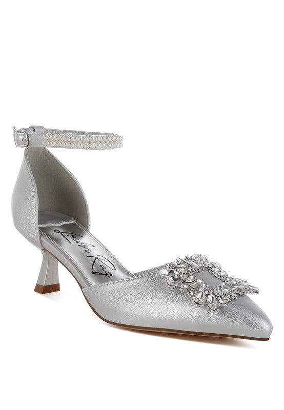 Onkana Diamante Brooch Kitten Heel Sandals - HOUSE OF SHE