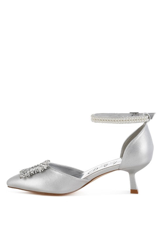 Onkana Diamante Brooch Kitten Heel Sandals - HOUSE OF SHE
