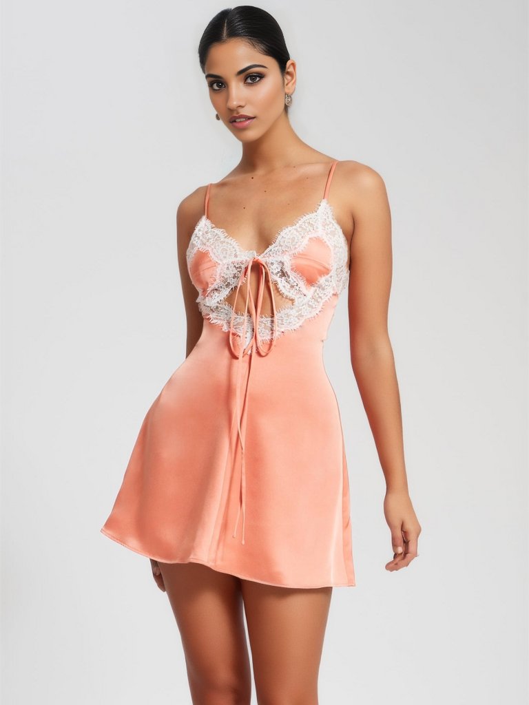 Theresa Coral Satin Lace Trim Mini Dress