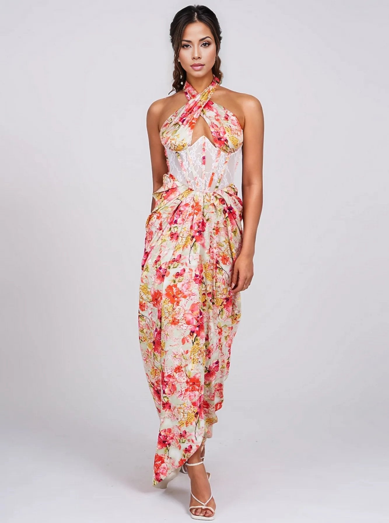 Zarie Red Floral Corset Satin Dress - HOUSE OF SHE