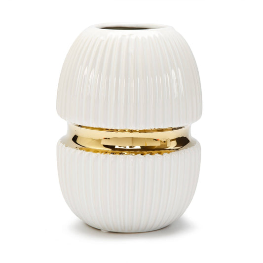 8" White Ceramic Vase Gold Center Design - HOUSE OF SHE