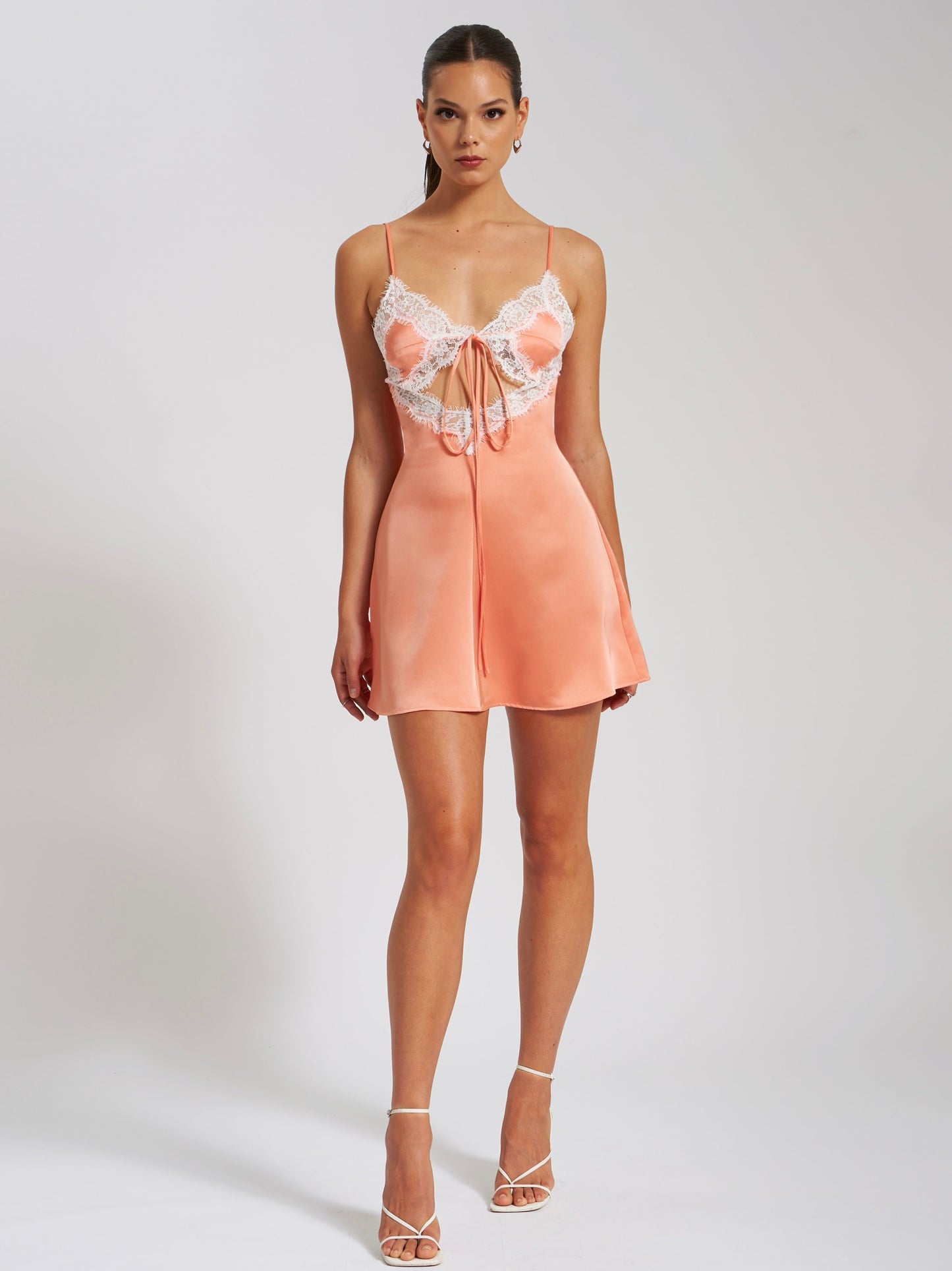Theresa Coral Satin Lace Trim Mini Dress