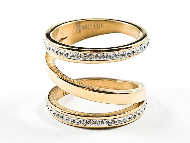 Beautiful Unique Spiral Shape Form With Crystals Gold Tone Steel Ring - HOUSE OF SHE