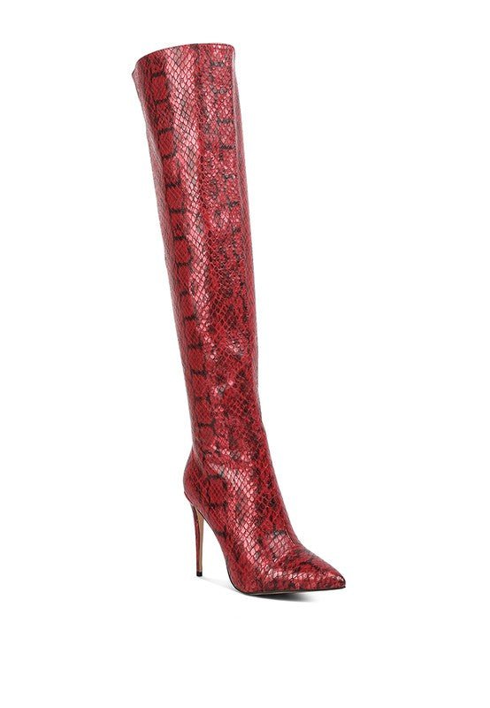 Catalina Snake Print Stiletto Knee Boots - HOUSE OF SHE