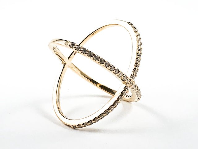 Elegant Large X Shape & Form Open CZ Gold Tone Silver Ring - HOUSE OF SHE