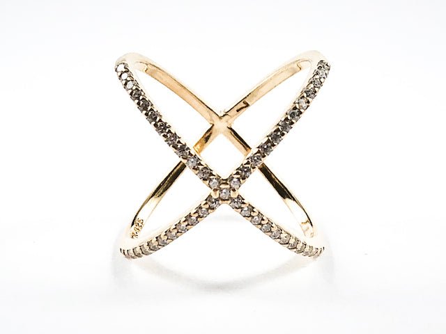 Elegant Large X Shape & Form Open CZ Gold Tone Silver Ring - HOUSE OF SHE