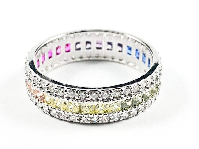 Elegant Multi Color CZ Center Row With Micro CZ Setting Eternity Silver Ring - HOUSE OF SHE