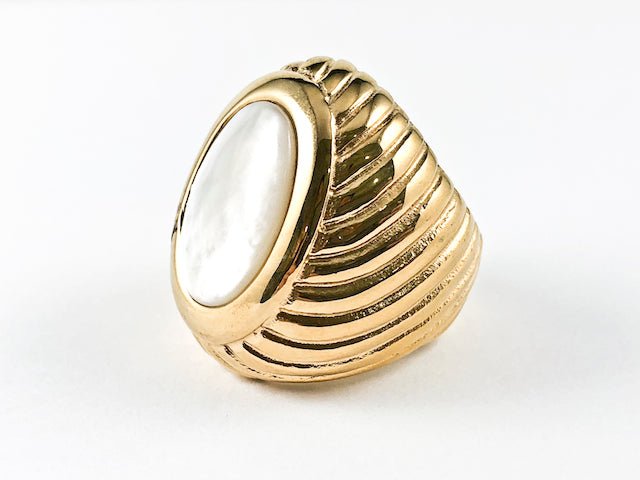 Large Oval Shape Mother Of Pearl Center Stone Textured Band Steel Ring - HOUSE OF SHE