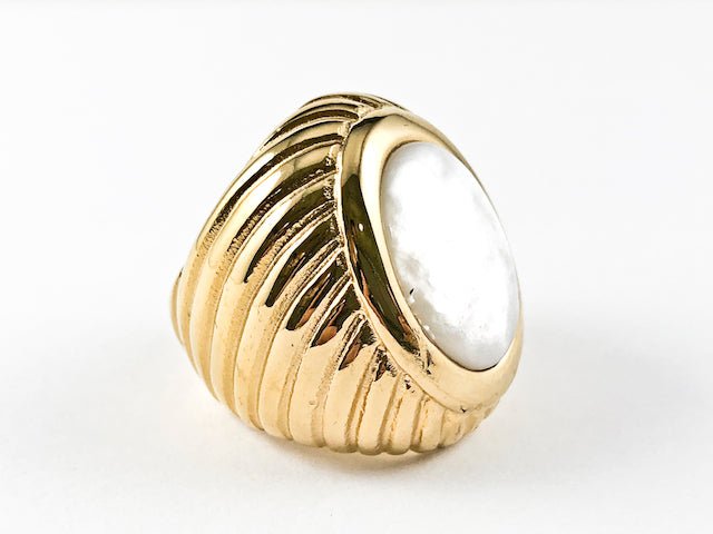 Large Oval Shape Mother Of Pearl Center Stone Textured Band Steel Ring - HOUSE OF SHE