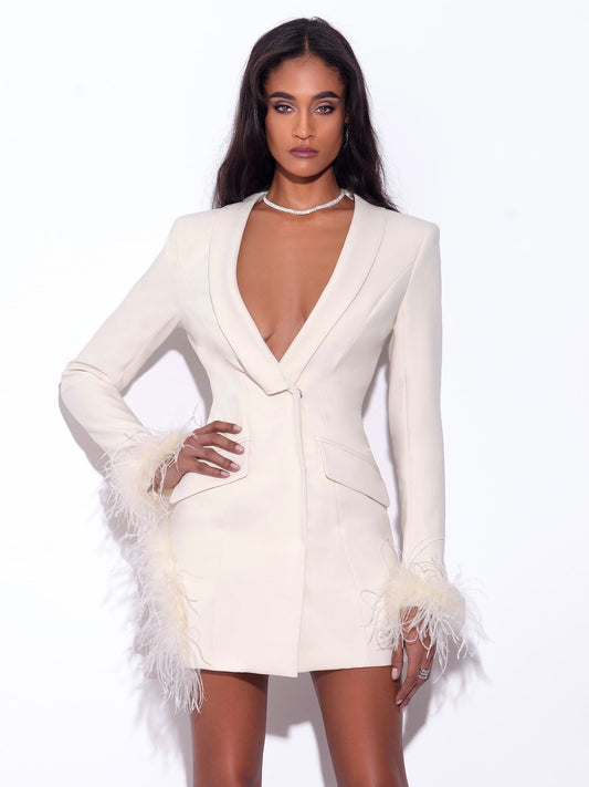 Madeline Pearl White Feather Trim Blazer Dress - HOUSE OF SHE
